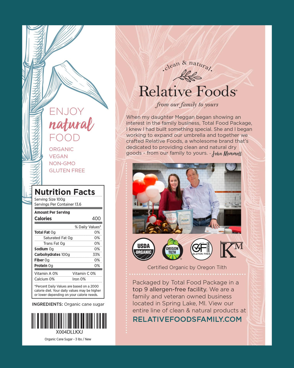 Organic Cane Sugar Crystals (3lb sugar packet) - Preservative & bone-char free, vegan food sugar substitute, gluten free, Non-GMO, fine natural sugar sweetener for cooking, beverages, & more