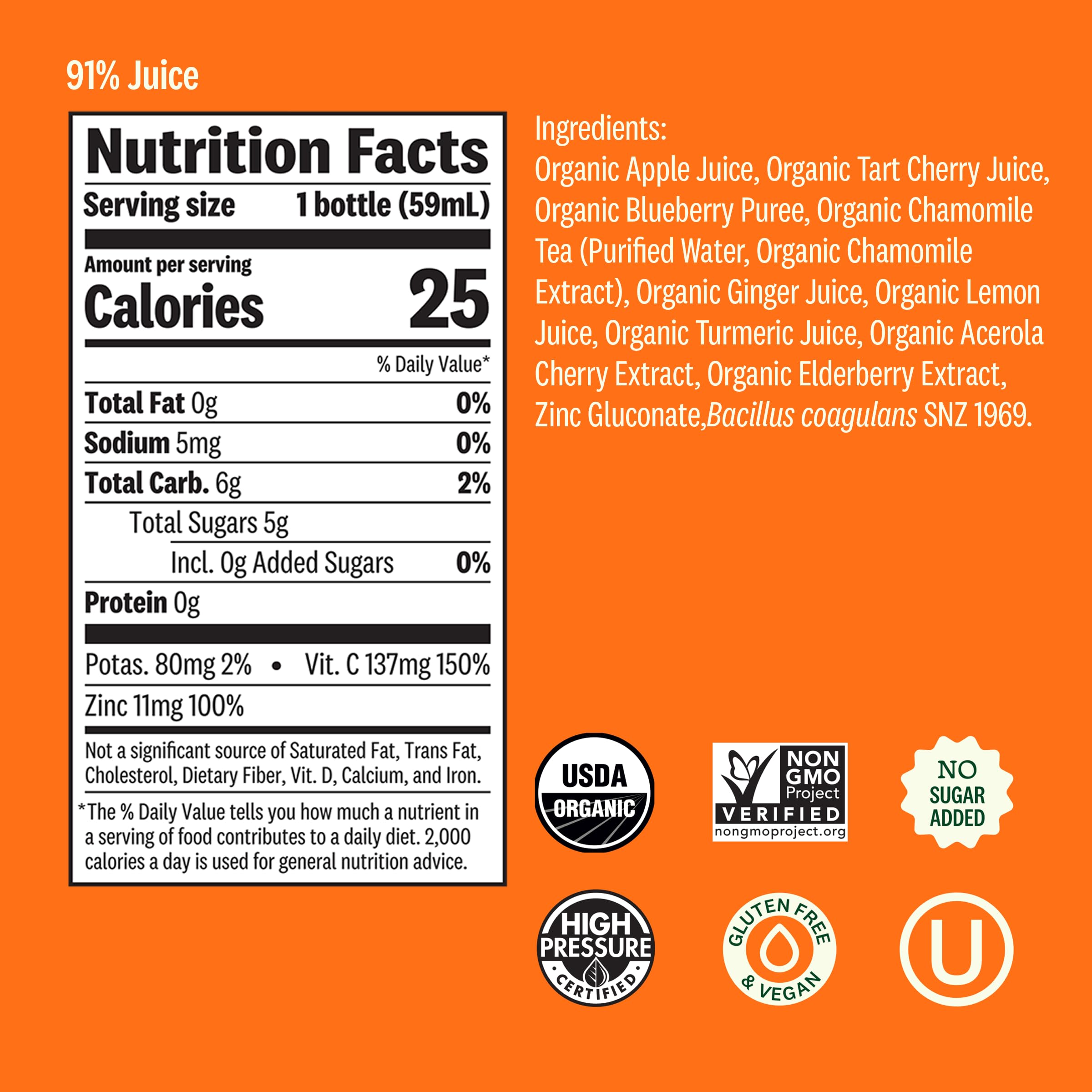 Suja Organic Immunity Elderberry Shot with Elderberry, Turmeric, & Ginger, Immunity Support, Functional Shot, Cold-Pressed Juice with Live Probiotics, Plant-Based & Gluten-Free (2 Fl Oz)