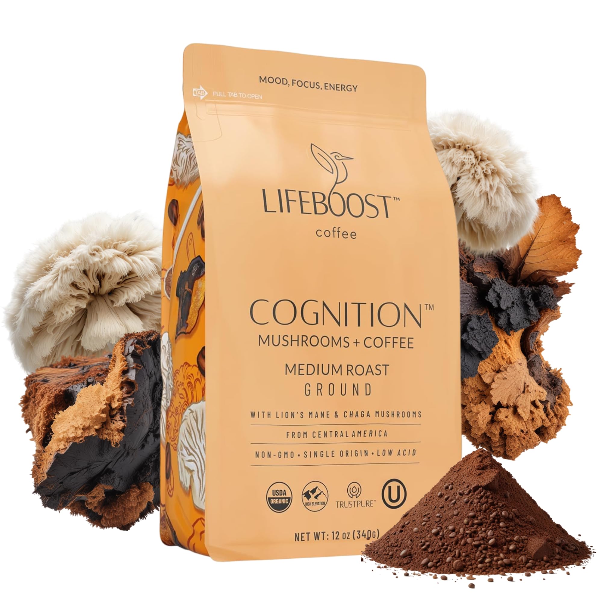 Lifeboost Cognition Focus Coffee for Calm Energy - Lion’s Mane Mushroom Coffee with Chaga - Organic Medium Roast Nootropic Coffee - Low Acid Adaptogenic Coffee - 12 oz Ground