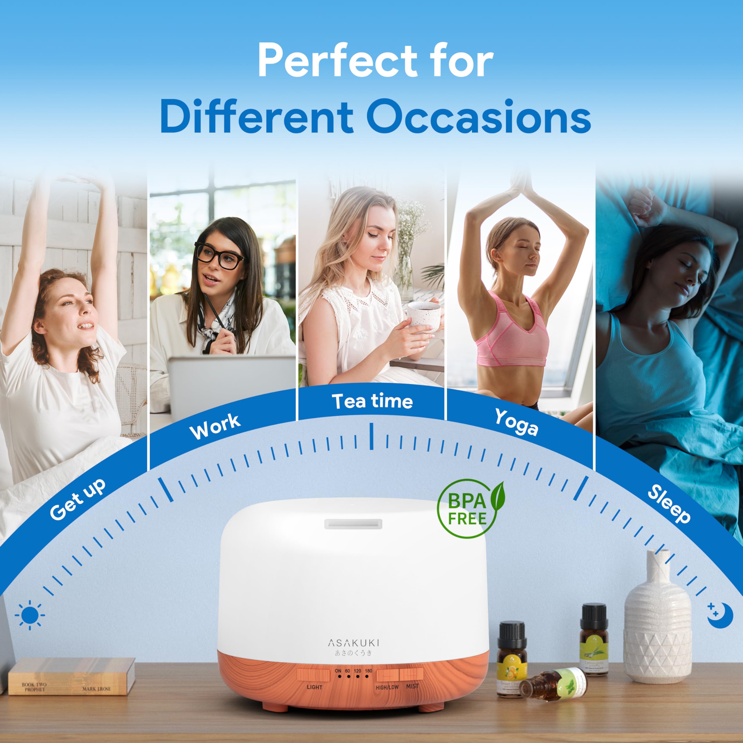 ASAKUKI Essential Oil Diffuser for Home, 500ML Aromatherapy Diffuser Humidifier with Remote Control, 7 Color LED Lights, Quiet Cool Mist Diffuser for Bedroom, Living Room, Office (Yellow)
