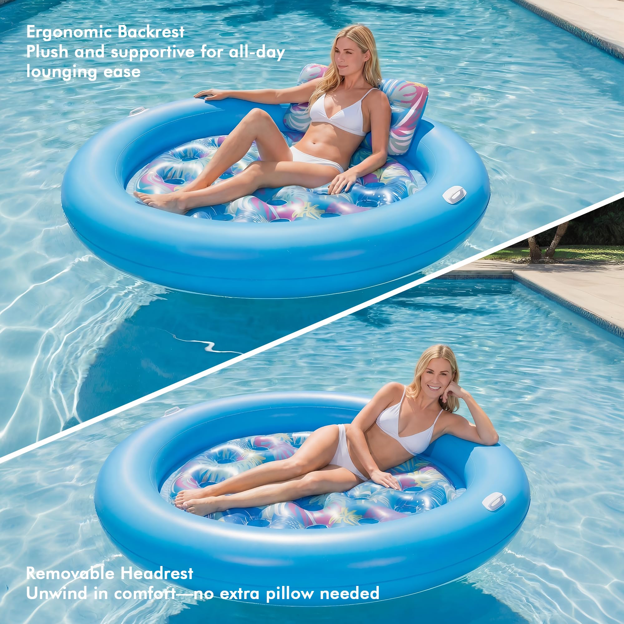 Pool Floats Adult Heavy Duty, OKSUWATER 75" x 75" Giant Inflatable Pool Float with Removable Pillow & Handles, Tanning Pool Lounger Floaties Bed for Swimming Pool Beach Outdoor Summer Party (Blue-XL)