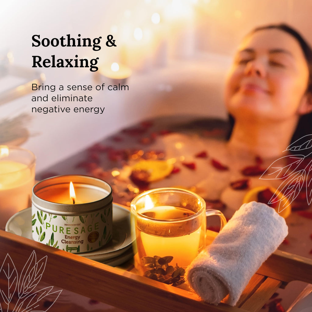 Magnificent 101 Long Lasting Pure White Sage Candle - 6 Oz - 35 Hour Burn Time - Organic, All Natural, Soy Candle to Cleanse Your Home & Calm, Soothe, Use with Sage Smudge Kit - Spiritual