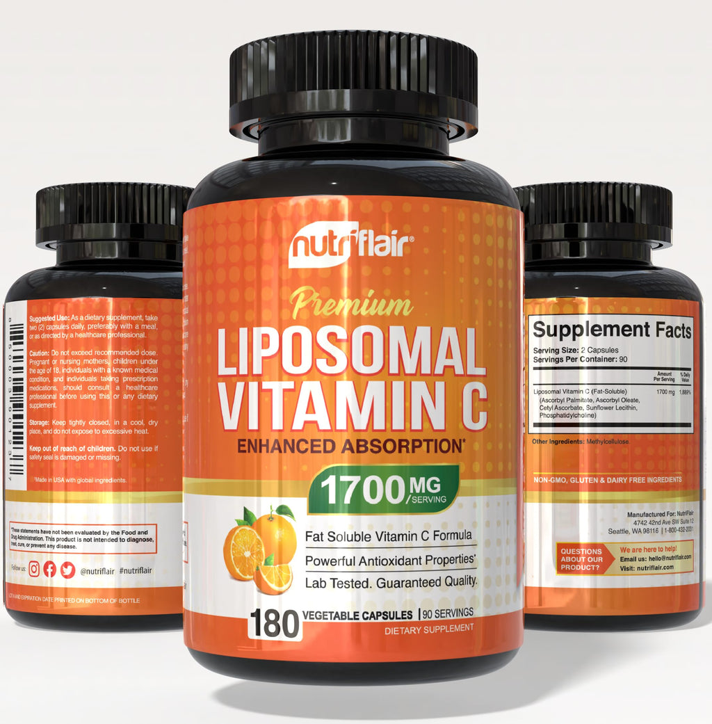 NutriFlair Liposomal Vitamin C 1700mg, 180 Capsules - High Absorption, Fat Soluble VIT C, Higher Bioavailability Immune System Support & Collagen Booster, Non-GMO, Vegan Pills