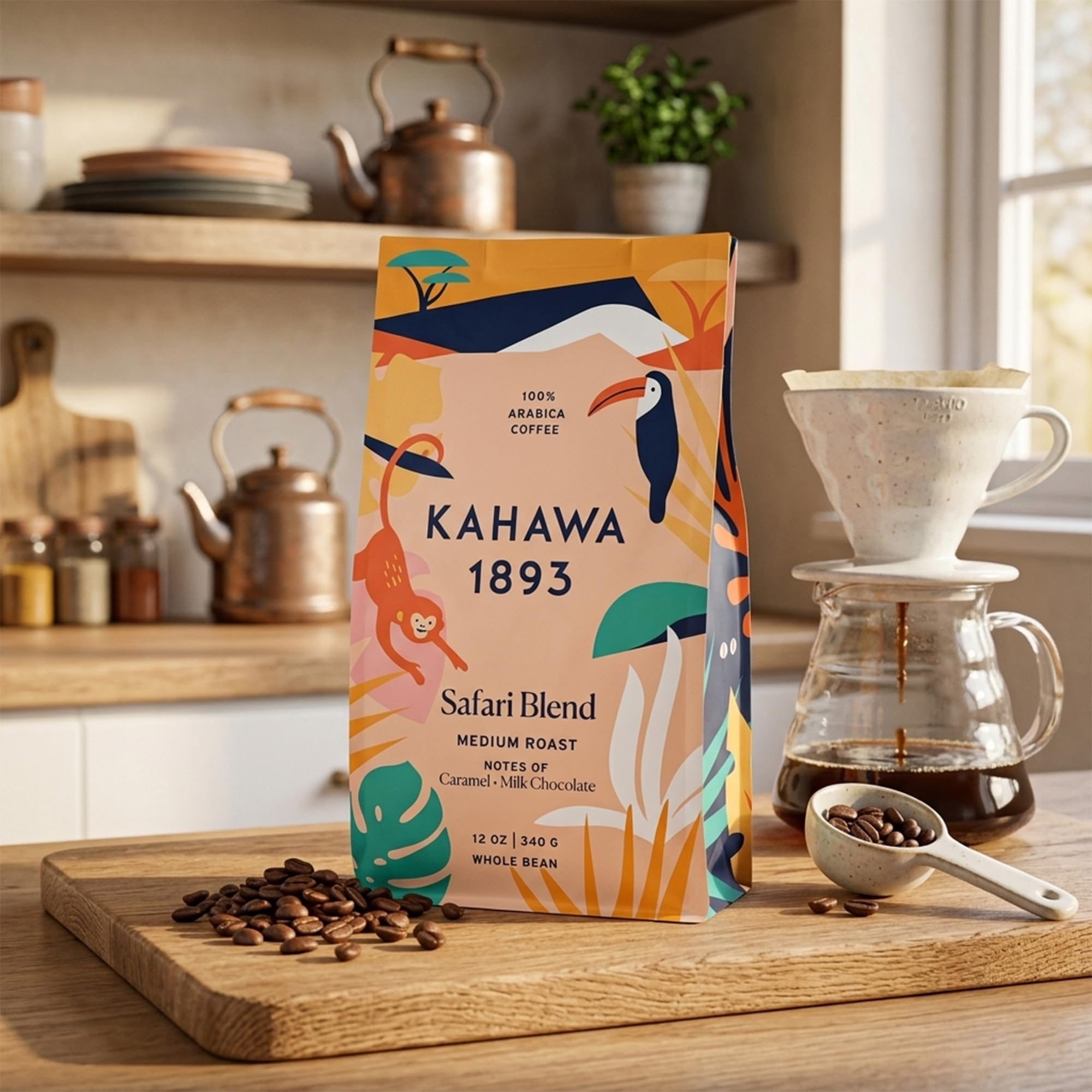 Kahawa 1893 Whole Bean Coffee Medium Roast Safari Blend 12 Oz - As Seen on Shark Tank, High Antioxidants, Naturally Sweet, Organically Grown, Ethically & Sustainably Sourced