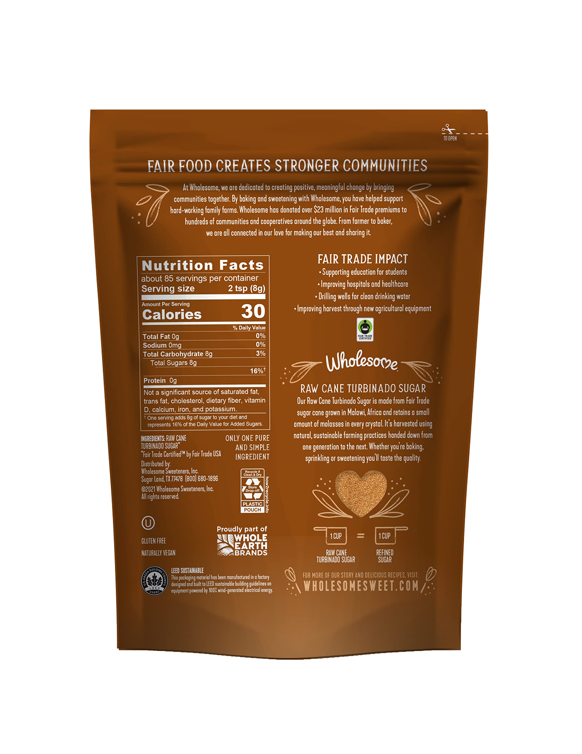Wholesome Sweeteners 24-Ounce Raw Cane Turbinado Cane Sugar, Fair Trade, Non GMO, Gluten Free & Vegan, 12 Pack