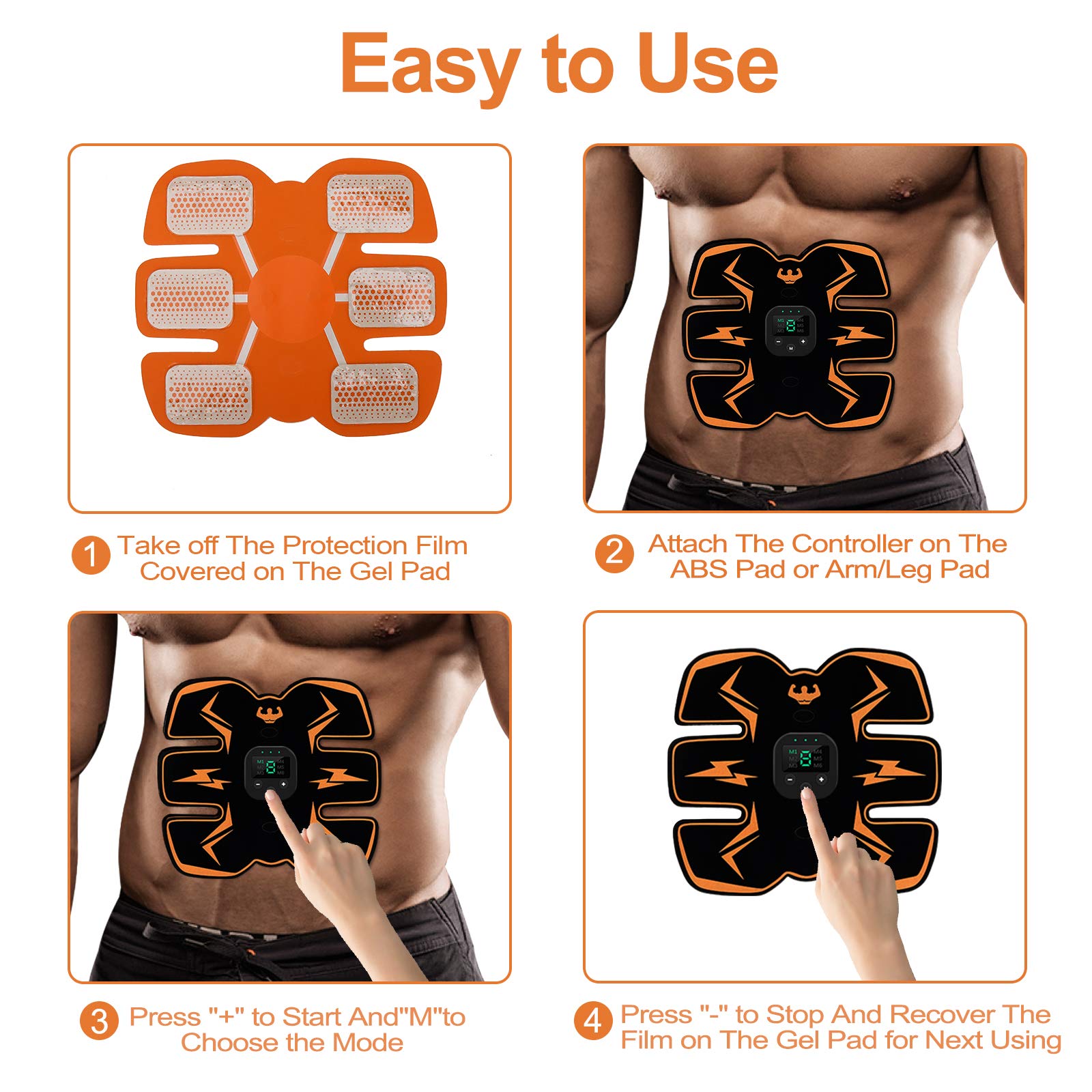 Electronic Muscle Stimulator, Abs Stimulator, EMS Abdominal Muscle Stimulator,Muscle Trainer,USB Rechargeable Gear for Abdomen/Arm/Leg, Ab Stimulator Equipment for Men Women,12 Free Gel Pads