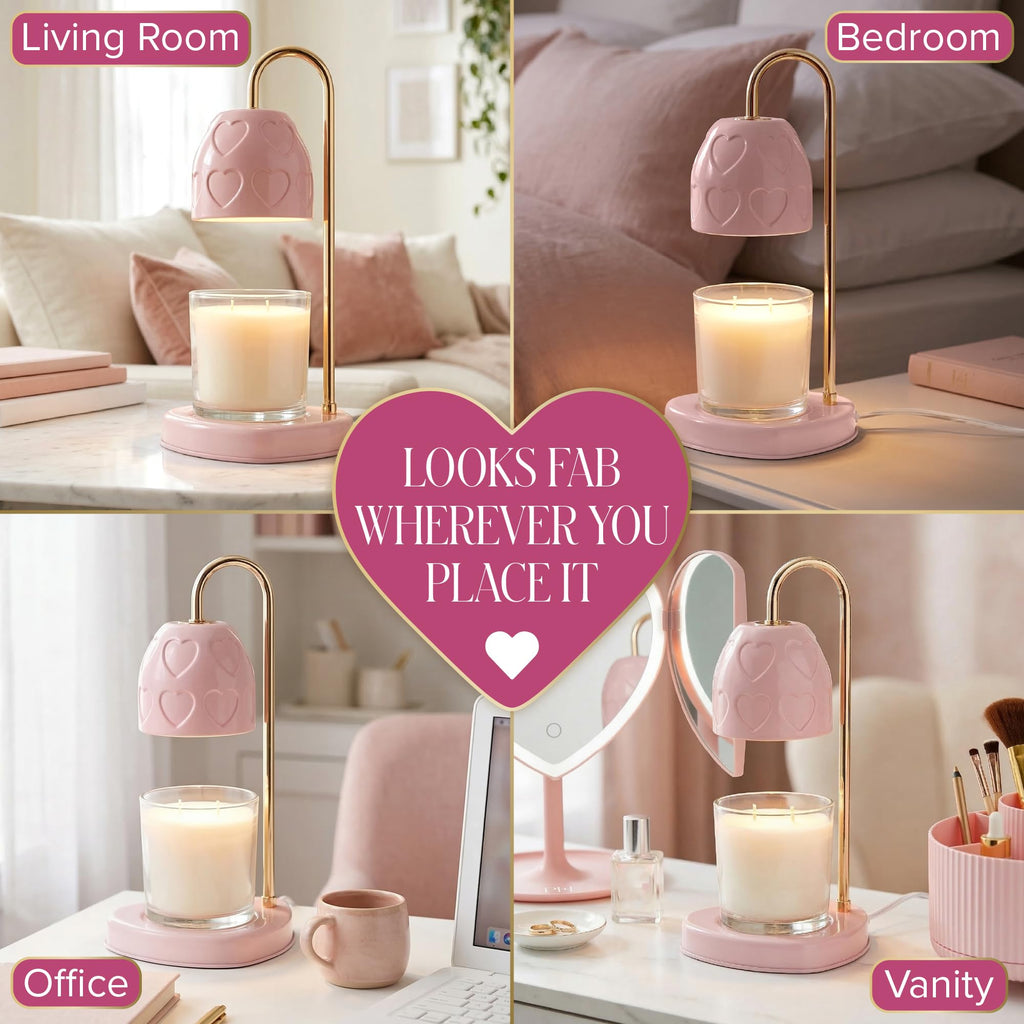 Paris Hilton Candle Warmer Lamp for Jar Candles, Electric Candle Lamp Warmer with 35W GU10 Bulb, Pink Debossed Hearts Shade and Gold-Finish Stem, Pink