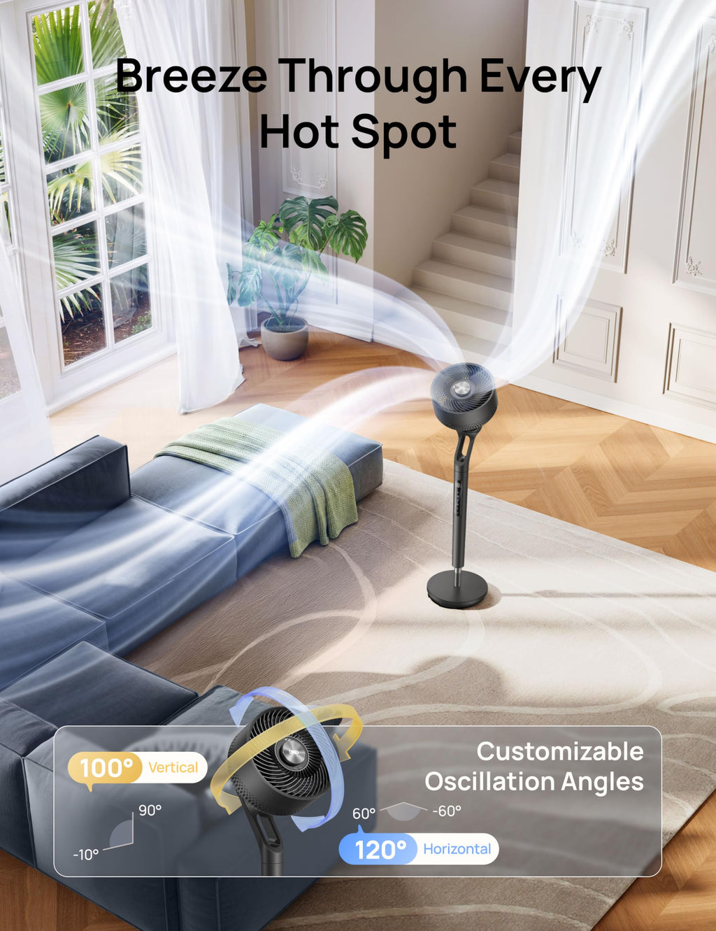 DREO Fan for Bedroom, 2026 New model,120°+100° Omni-Directional Oscillating Fan, 96ft, DC Motor, 20 dB Quiet Standing Pedestal Fans, 9 Speeds, 3 Modes, Remote, 37-42" Adjustable Height, 8H Timer