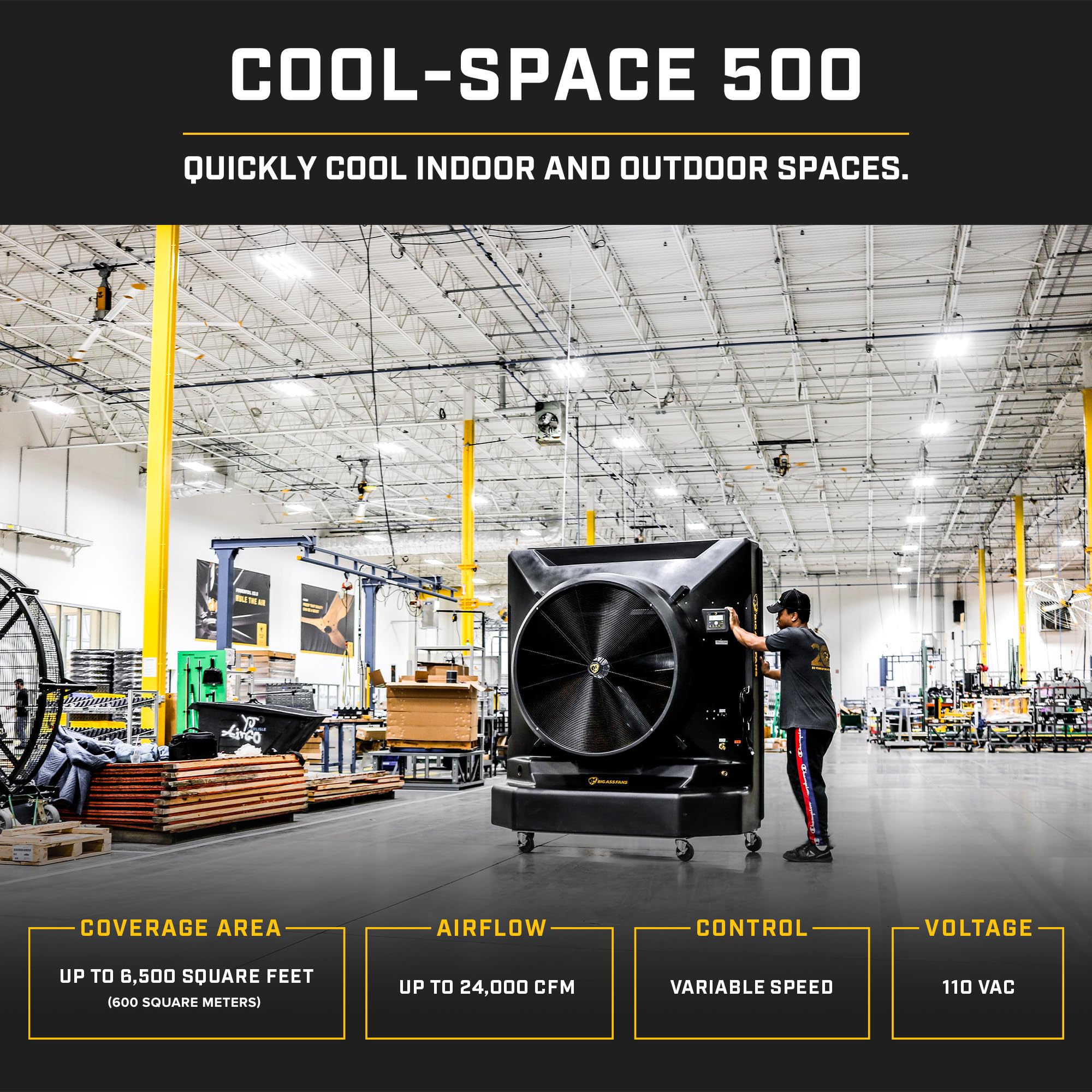 Big Ass Fans Cool-Space 500 Portable Evaporative Swamp Cooler, 50-inch Diameter Fan, Indoor or Outdoor Use, Continuous or Fillable (64 Gallon Capacity), Variable Speed