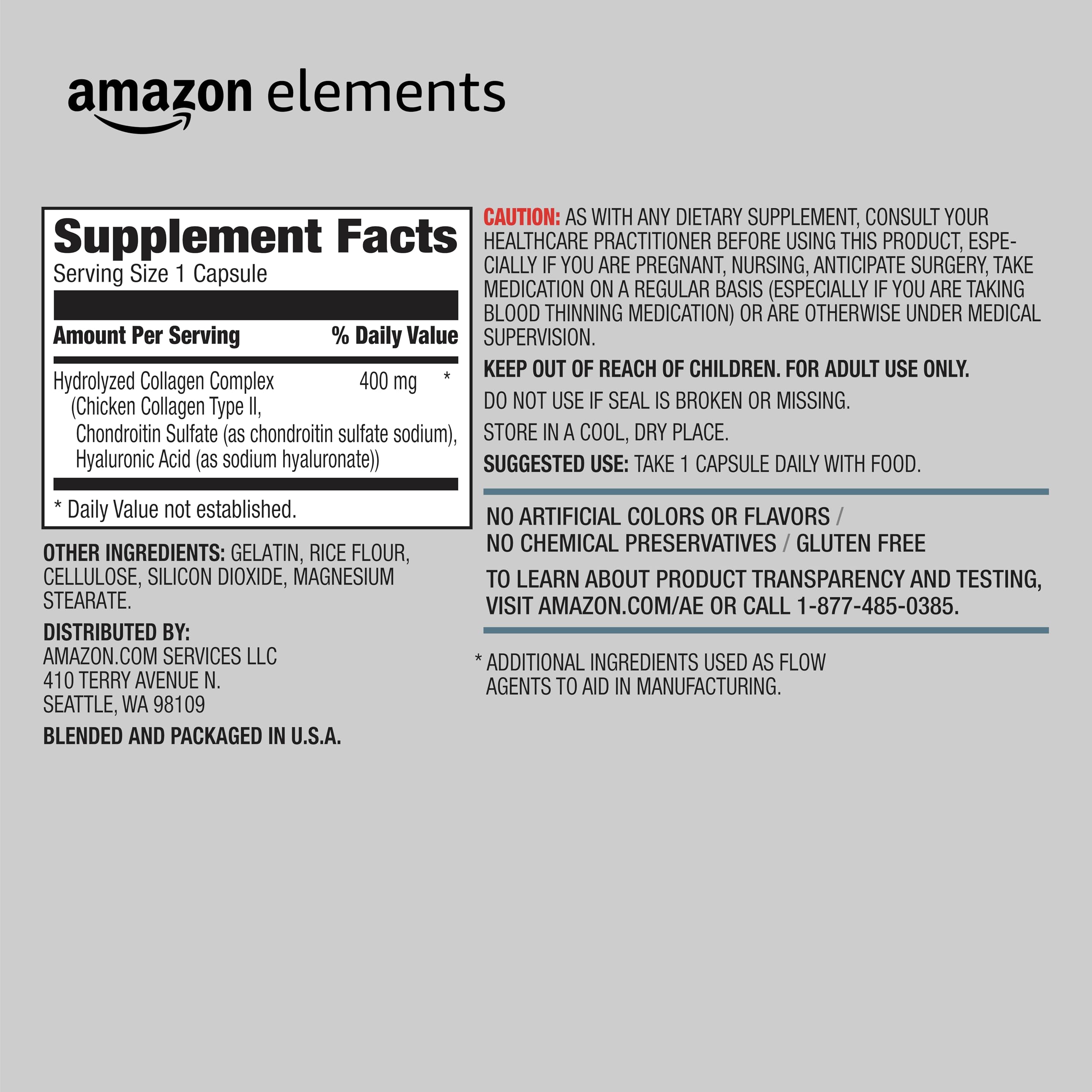 Amazon Elements Collagen Complex, Type II with Hyaluronic Acid, 90 Capsules, 3 Month Supply