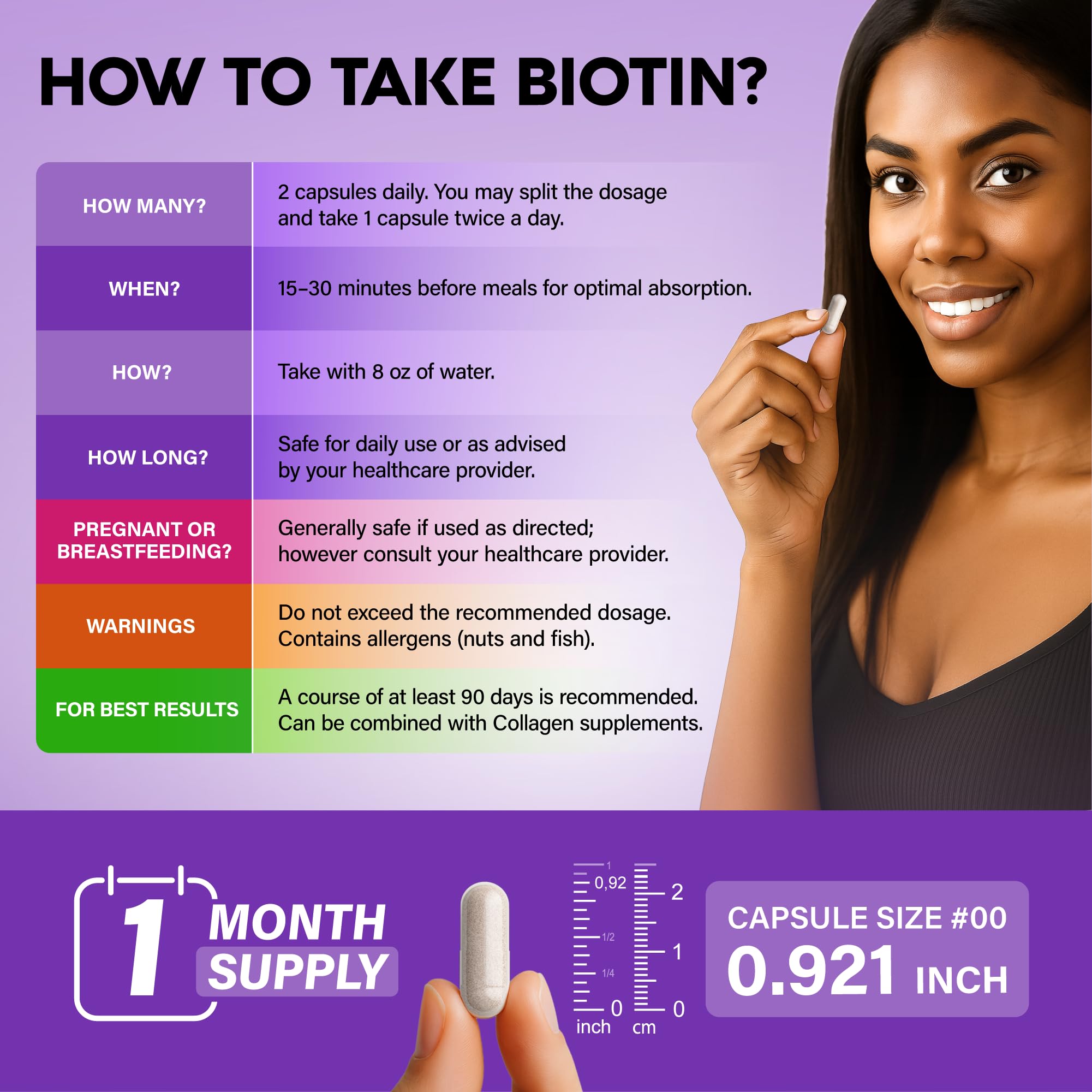NUTRAHARMONY Biotin | Collagen | Hyaluronic Acid | Keratin - Support Normal Hair Growth Cycle - Skin & Nails - 25000mcg Vitamins B1, B2, B3, B6 & B7 - for Women & Men - Made in USA | 60 Capsules