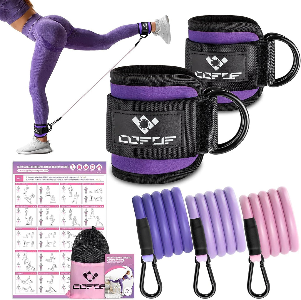 Ankle Resistance Bands with Cuffs, Ankle Bands for Working Out, Kickbacks Hip, Leg Glute Exercise Equipment with Training Poster, Resistance Workout Equipment for Women(Purple)