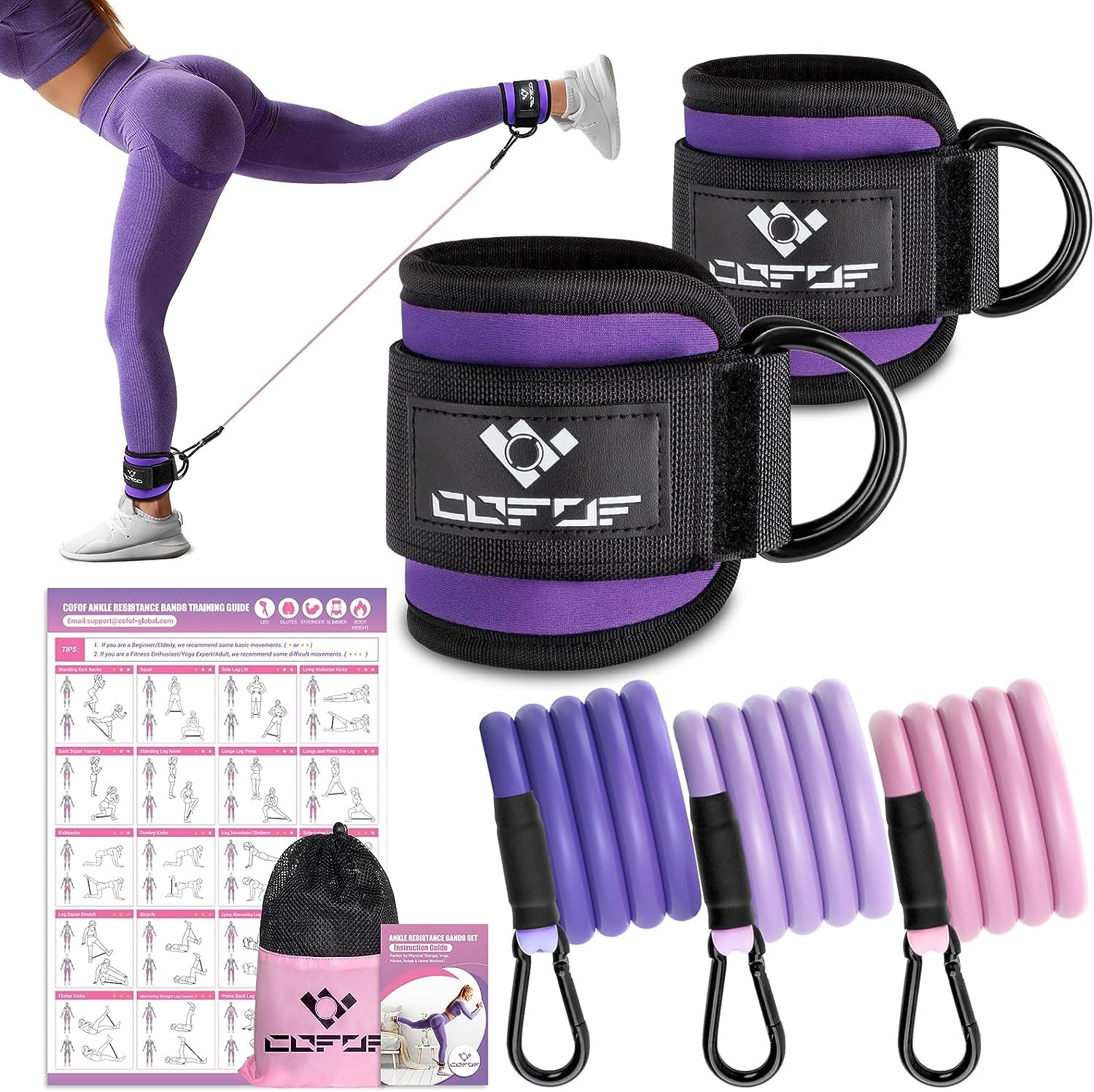 Ankle Resistance Bands with Cuffs, Ankle Bands for Working Out, Kickbacks Hip, Leg Glute Exercise Equipment with Training Poster, Resistance Workout Equipment for Women(Purple)