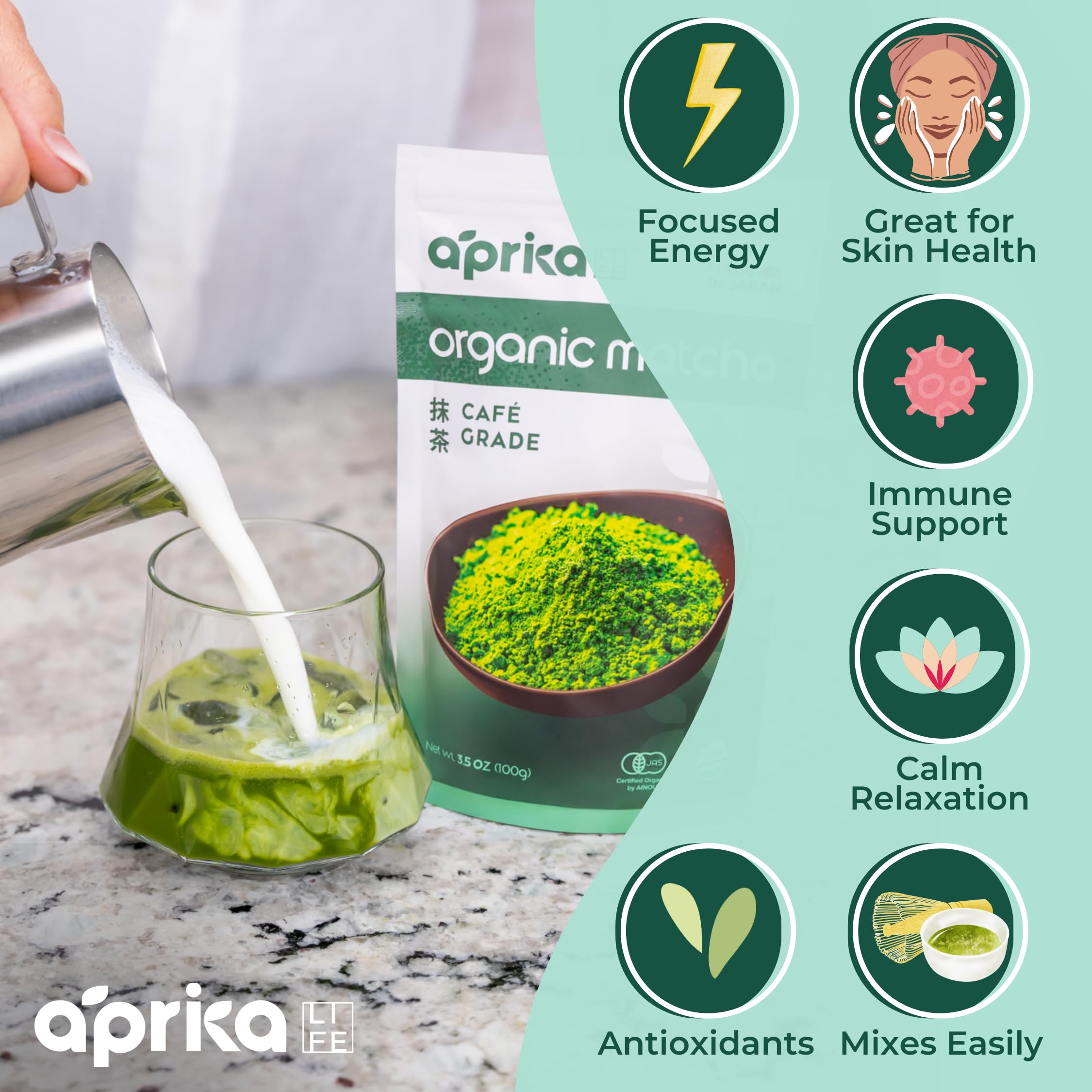 AprikaLife Organic Matcha Powder, USDA & JAS Certified, No Sugar Added, Authentic Japanese Cafe Grade Matcha Green Tea Powder Perfect for Matcha Lattes, Smoothies & Baking, 3.5 oz/100g