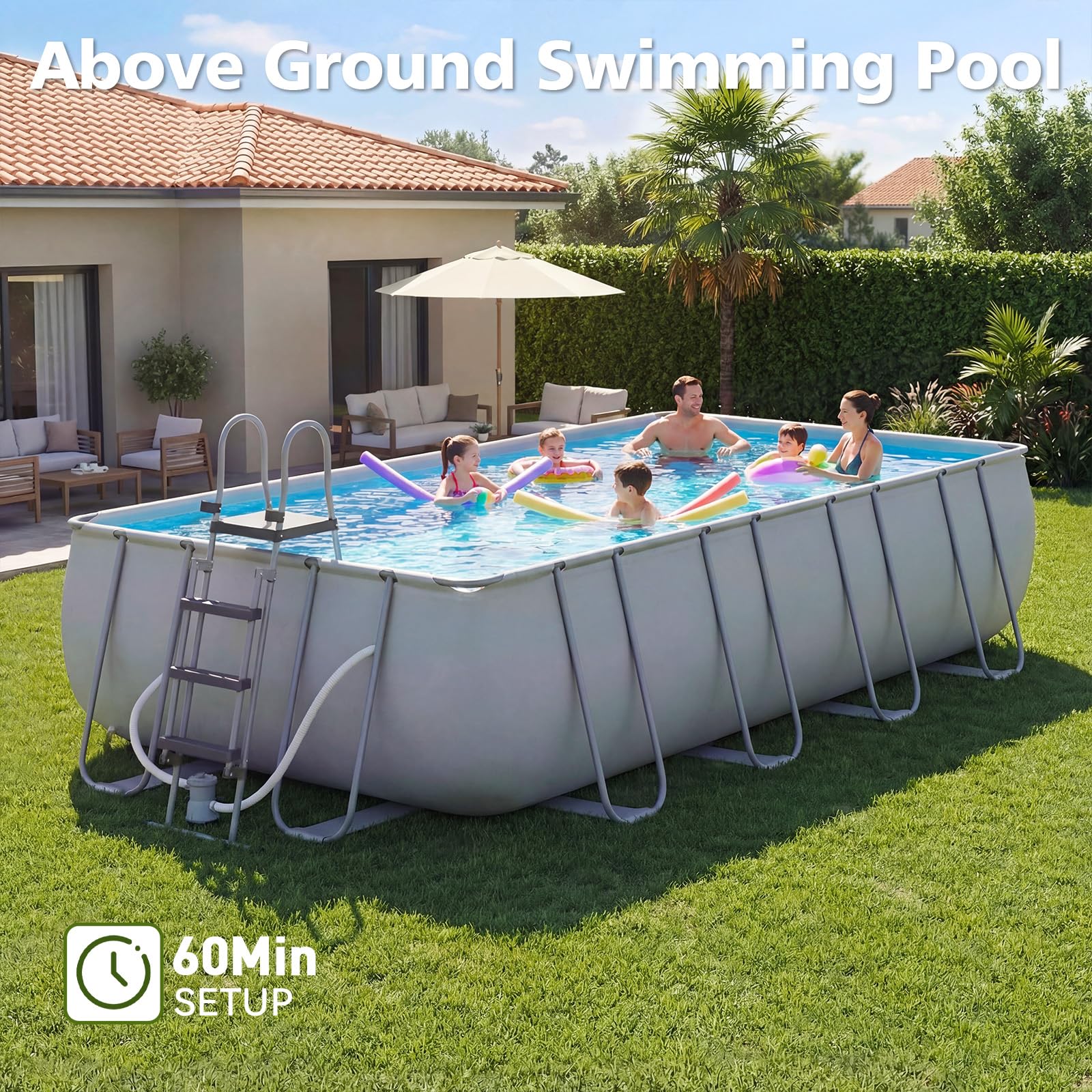 SunSwell 18' x 9' x 47" Rectangular Above Ground Pool Set with Removable Ladder and Filter Pump, Large Swimming Pool for Backyard, Gray