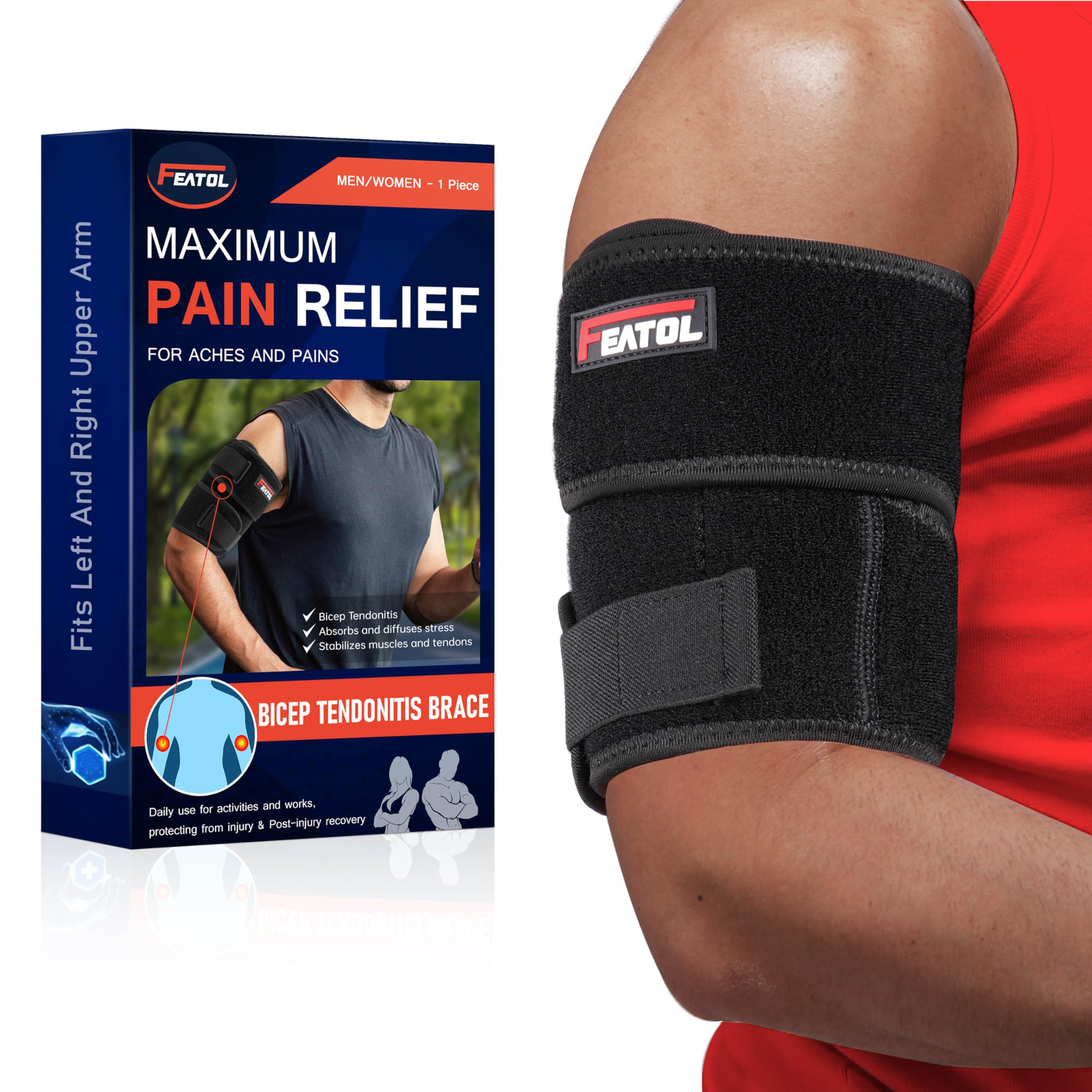 FEATOL Bicep Tendonitis Brace Compression Sleeve Support, Upper Arm Brace Tricep Bicep Support Bands for Men and Women, Arm Wrap Pain Relief for Muscle Strains and Inflammation(Black, Large)