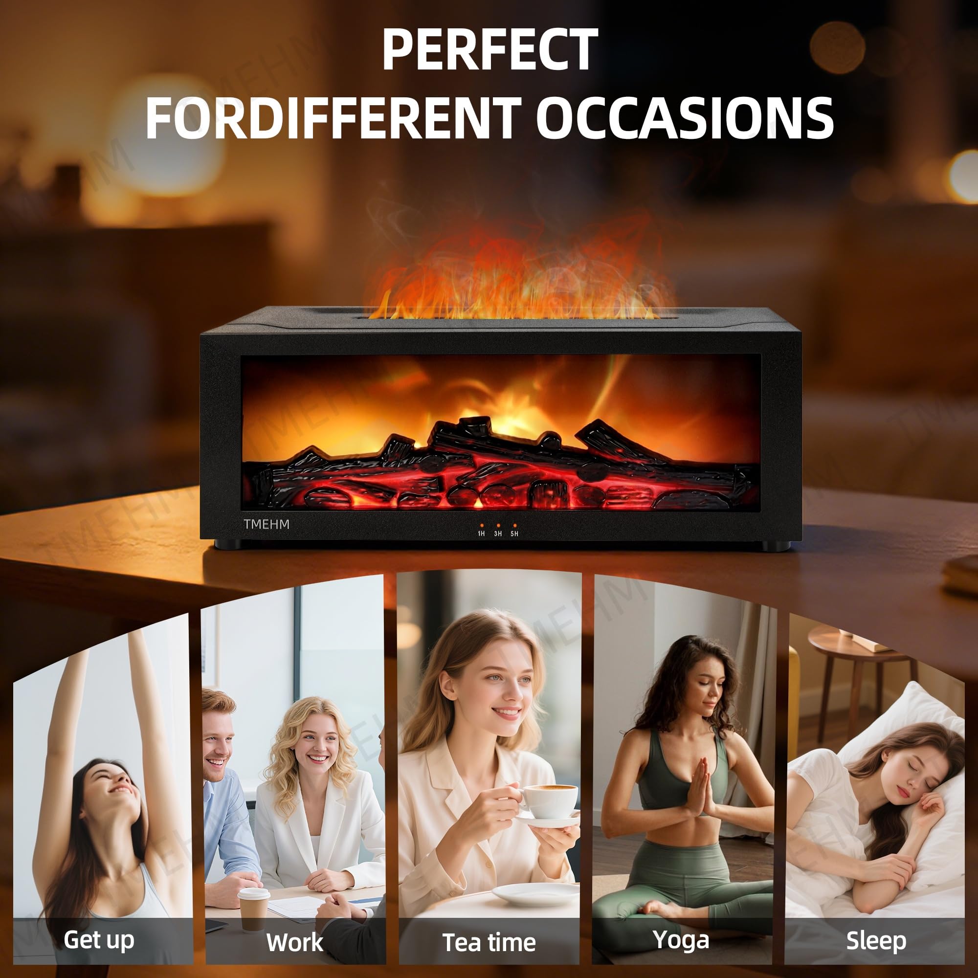 TMEHM Fireplace Flame Air Diffuser Humidifier,7 Colors Aromatherapy Essential Oil Diffuser,Ultrasonic Aroma Humidifier with Timer for Home,Bedroom,Office,Yoga (Black)