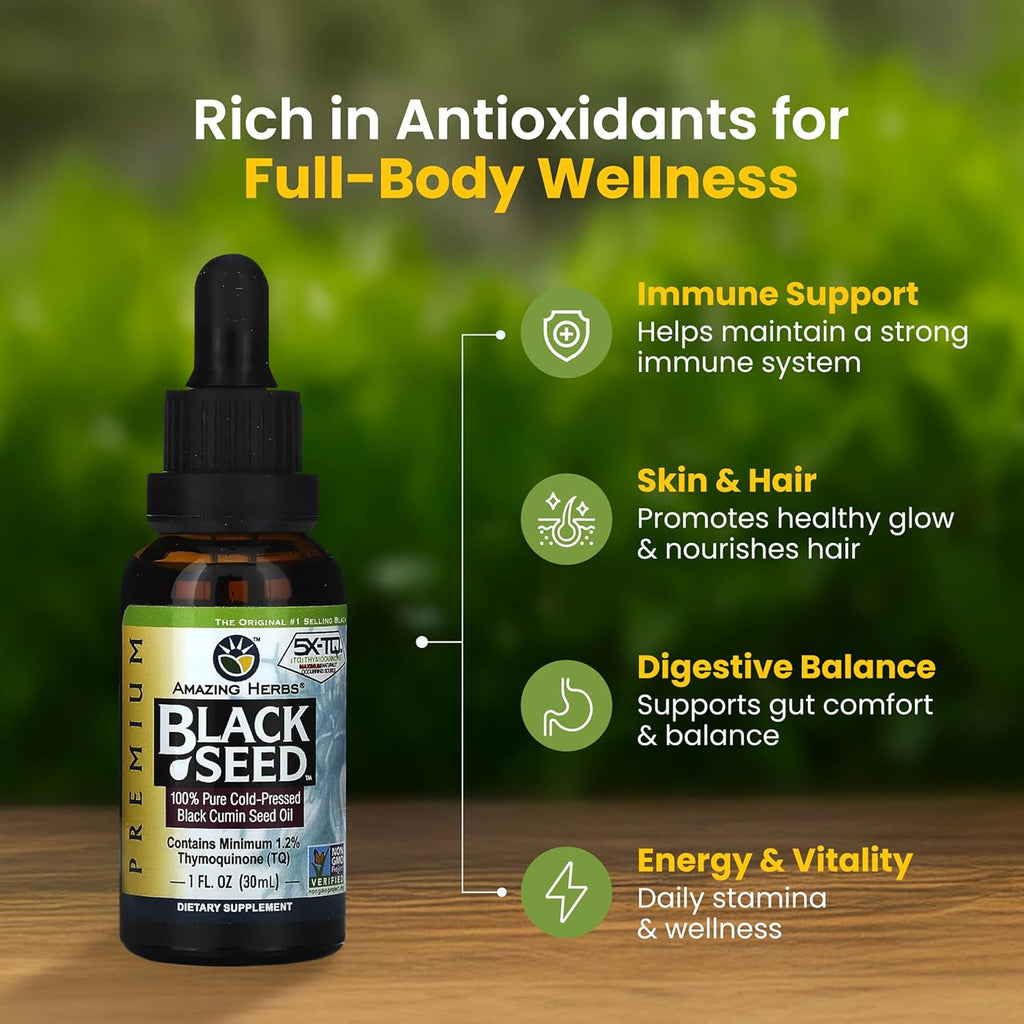 Amazing Herbs Premium Black Seed Oil - Cold Pressed Nigella Sativa Aids in Digestive Health, Immune Support, Brain Function, Joint Mobility, Gluten Free, Non GMO - 1 Fl Oz