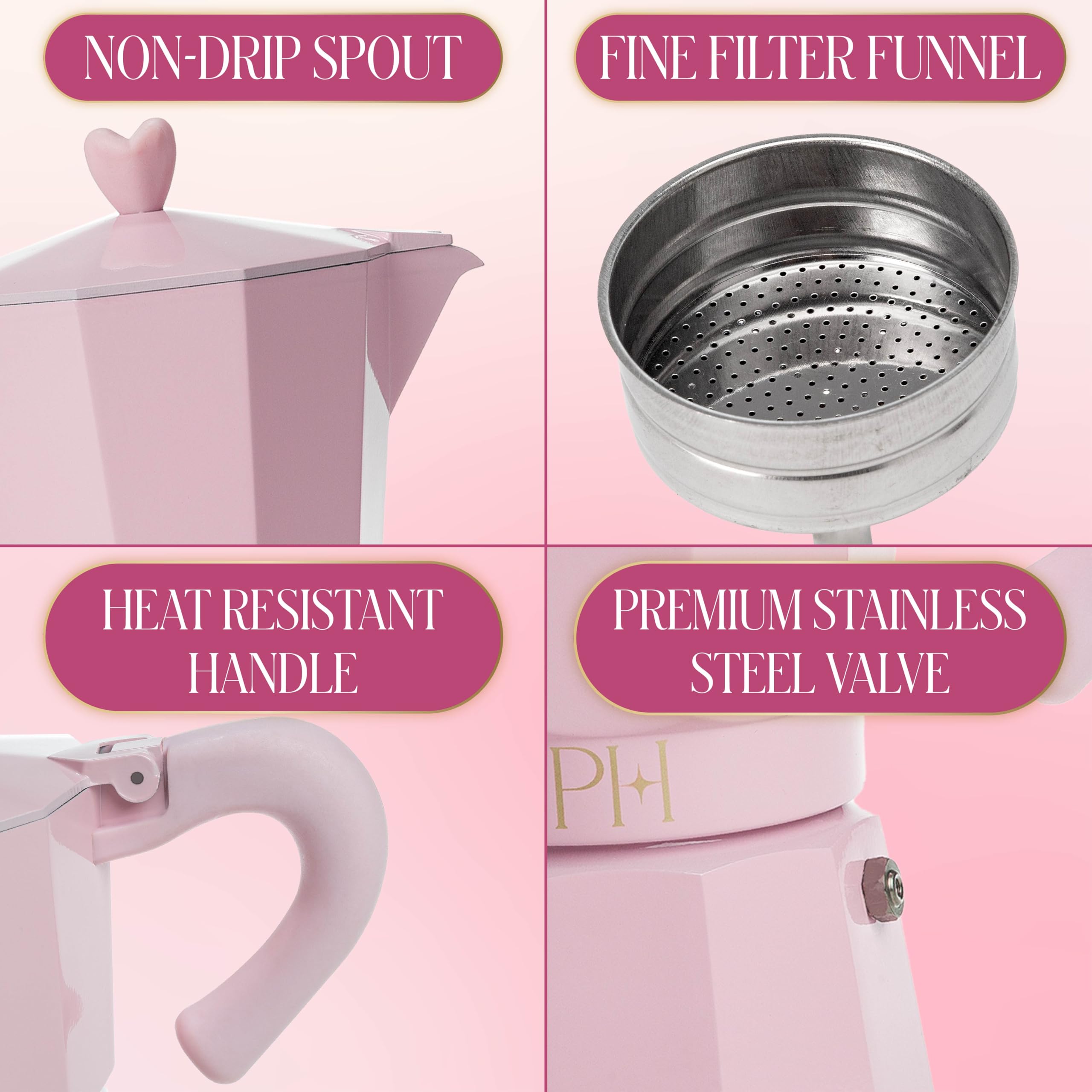 Paris Hilton Stovetop Espresso and Coffee Maker, Italian & Cuban Style Coffee Pot with Iconic Heart Knob, Perfect for Rich Aromatic Espresso, Makes up to 6 Espresso Cups, Pink