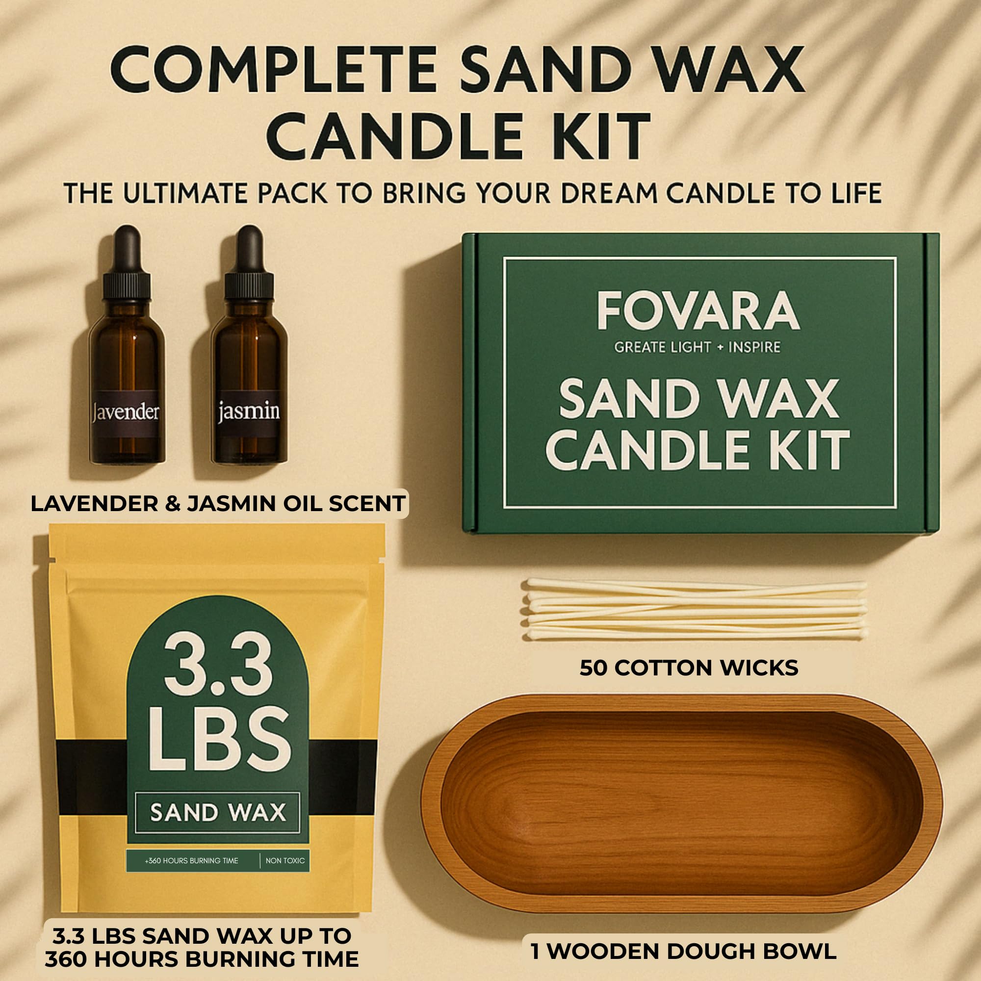 Fovara - Pearled Sand Candles with Wicks, 3.3 lbs - Sand Wax Candle Kit: Wooden Dough Bowl,50 Wicks, Jasmine & Lavender Scented Oil - Long-Lasting Candle Beads, Non-Toxic, Reusable Candles - Black