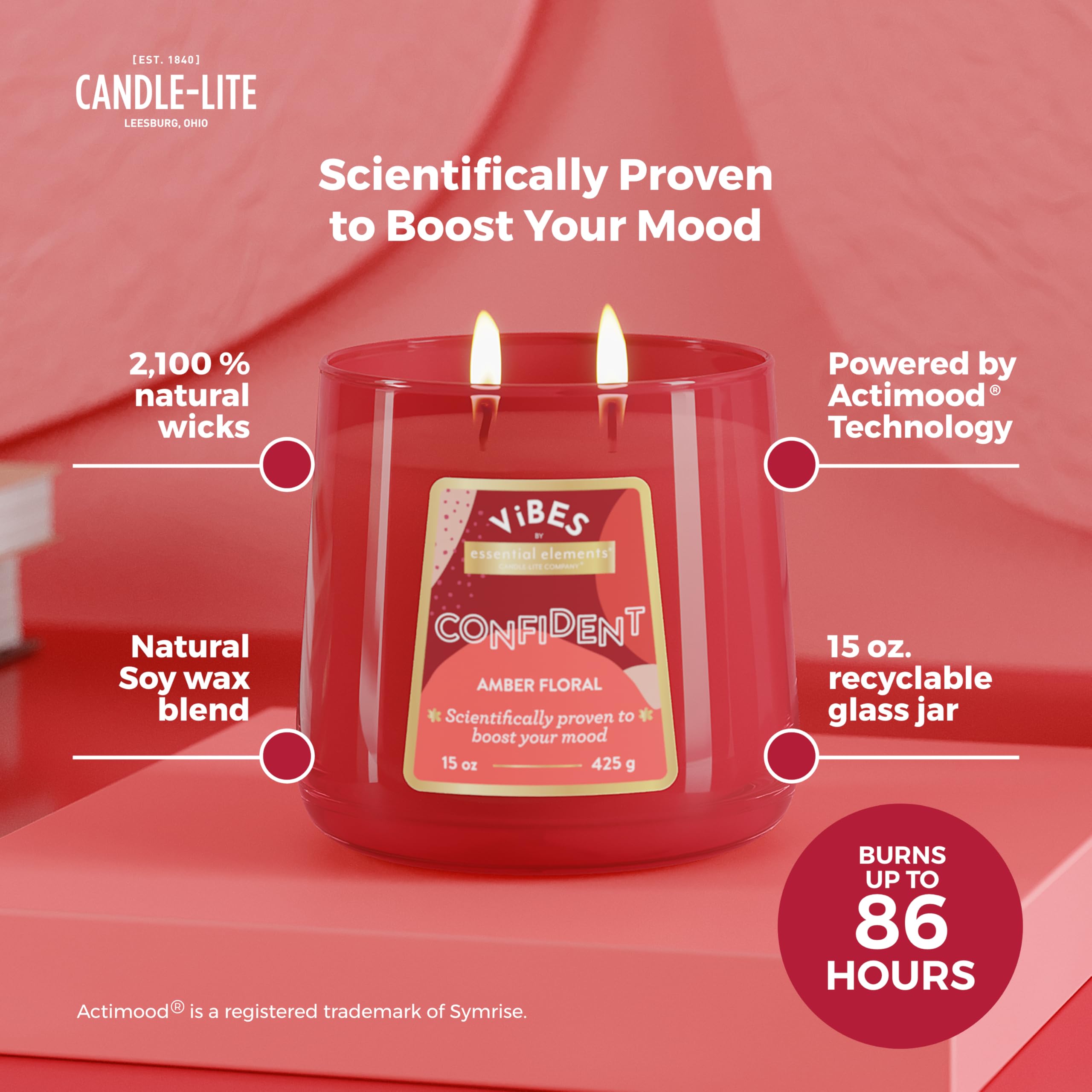 Candle-Lite Vibes Amber Floral Mood-Enhancing Scented Candles, 15 oz Jar, Aromatherapy, Proudly Poured in The USA, 2-Wick, 86 Hours Burn Time, Perfect Relaxation Gift