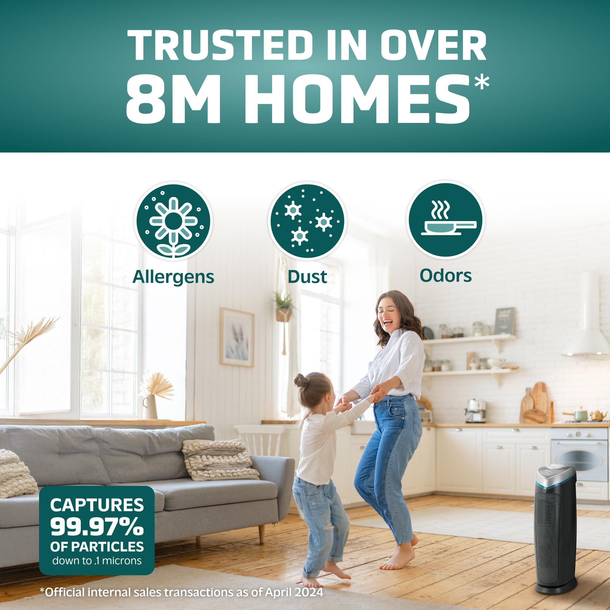 GermGuardian 4-in-1 HEPA Air Purifier for Home, Large Rooms Up to 743 Sq. Ft. with HEPA Air Filter, UV-C Light & Odor Reduction, AC4825E, 22 Tower Gray"
