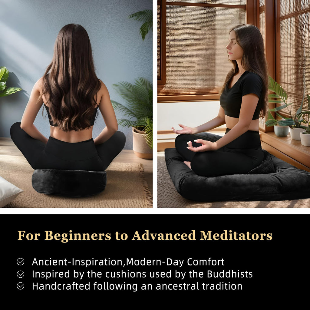 hunnidspace Meditation Cushion Set Zafu & Zabuton – Buckwheat Hull & Memory Foam, Adjustable Floor Pillow for Yoga, Meditation & Sitting, Removable Velvet Cover (Classic Black)