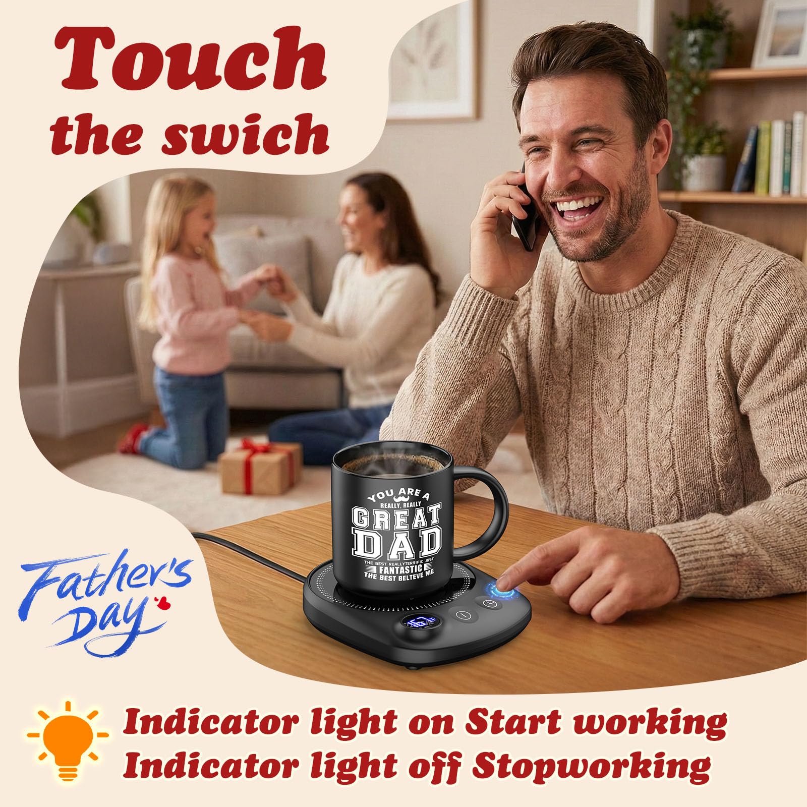 Coffee Mug Warmer Set with Smart Timer & Adjustable Temperature – Perfect Gift for Dad, Seniors, & Coffee Lovers – Auto Shutoff & Perfect Set for All Mugs