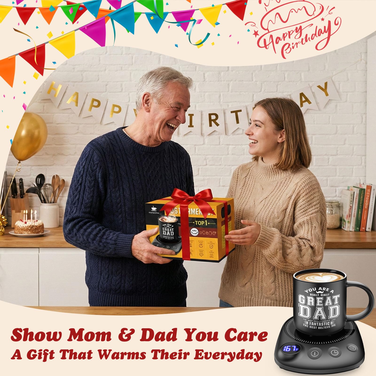 Coffee Mug Warmer Set with Smart Timer & Adjustable Temperature – Perfect Gift for Dad, Seniors, & Coffee Lovers – Auto Shutoff & Perfect Set for All Mugs