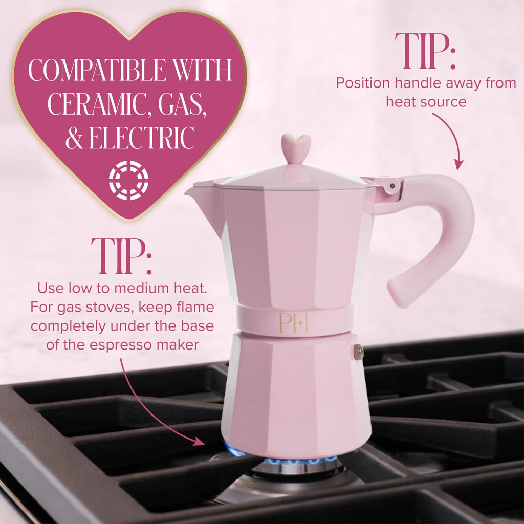 Paris Hilton Stovetop Espresso and Coffee Maker, Italian & Cuban Style Coffee Pot with Iconic Heart Knob, Perfect for Rich Aromatic Espresso, Makes up to 6 Espresso Cups, Pink