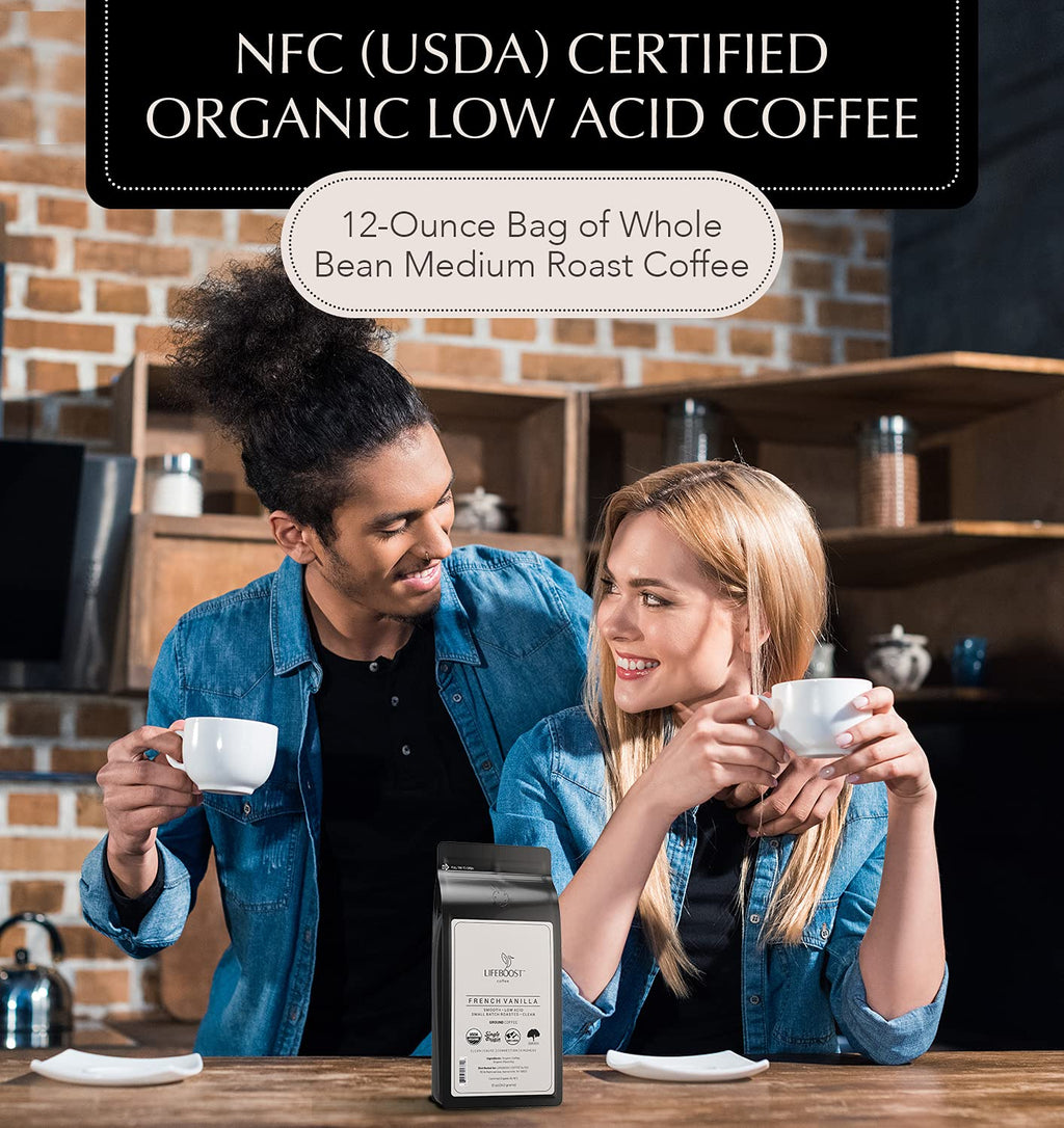 Lifeboost French Vanilla Ground Coffee - Non-GMO Low Acid Single Origin USDA Organic Coffee - Third Party Tested For Mycotoxins & Pesticides - 12 Ounces