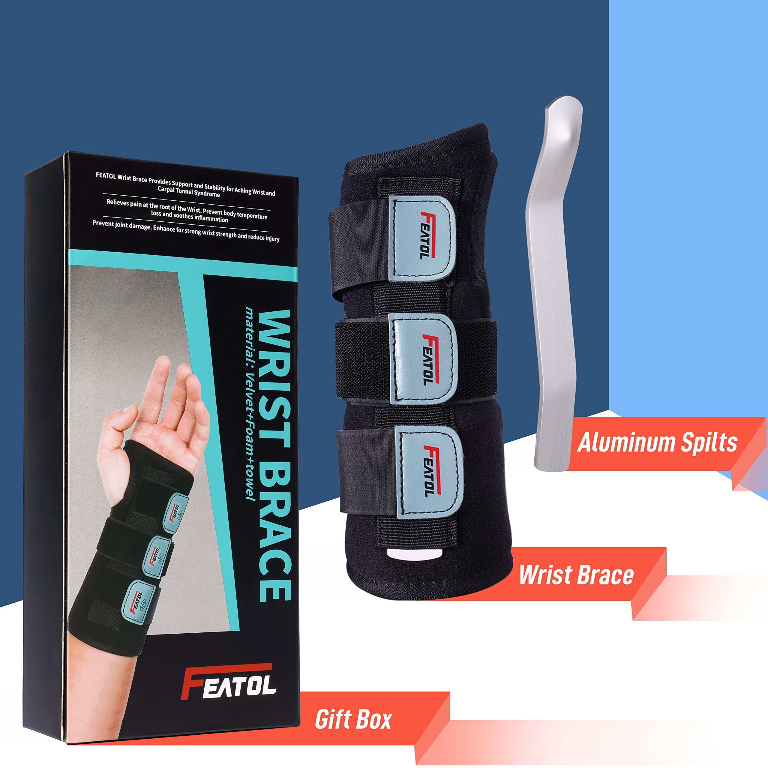 FEATOL Wrist Brace Hand Brace, Carpal Tunnel Wrist Splint Night Support for Women Men, Pain Relief Support -Tendonitis, Arthritis, Sprain, Right Hand, Medium/Large
