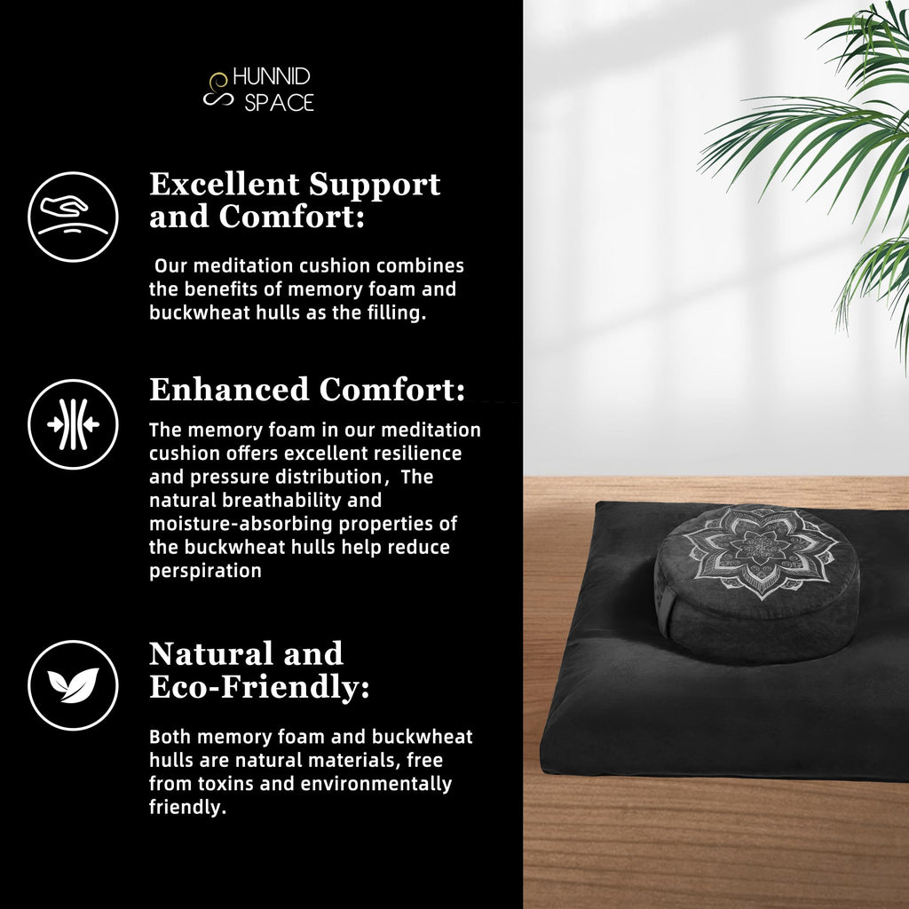 hunnidspace Meditation Cushion Set Zafu & Zabuton – Buckwheat Hull & Memory Foam, Adjustable Floor Pillow for Yoga, Meditation & Sitting, Removable Velvet Cover (Classic Black)