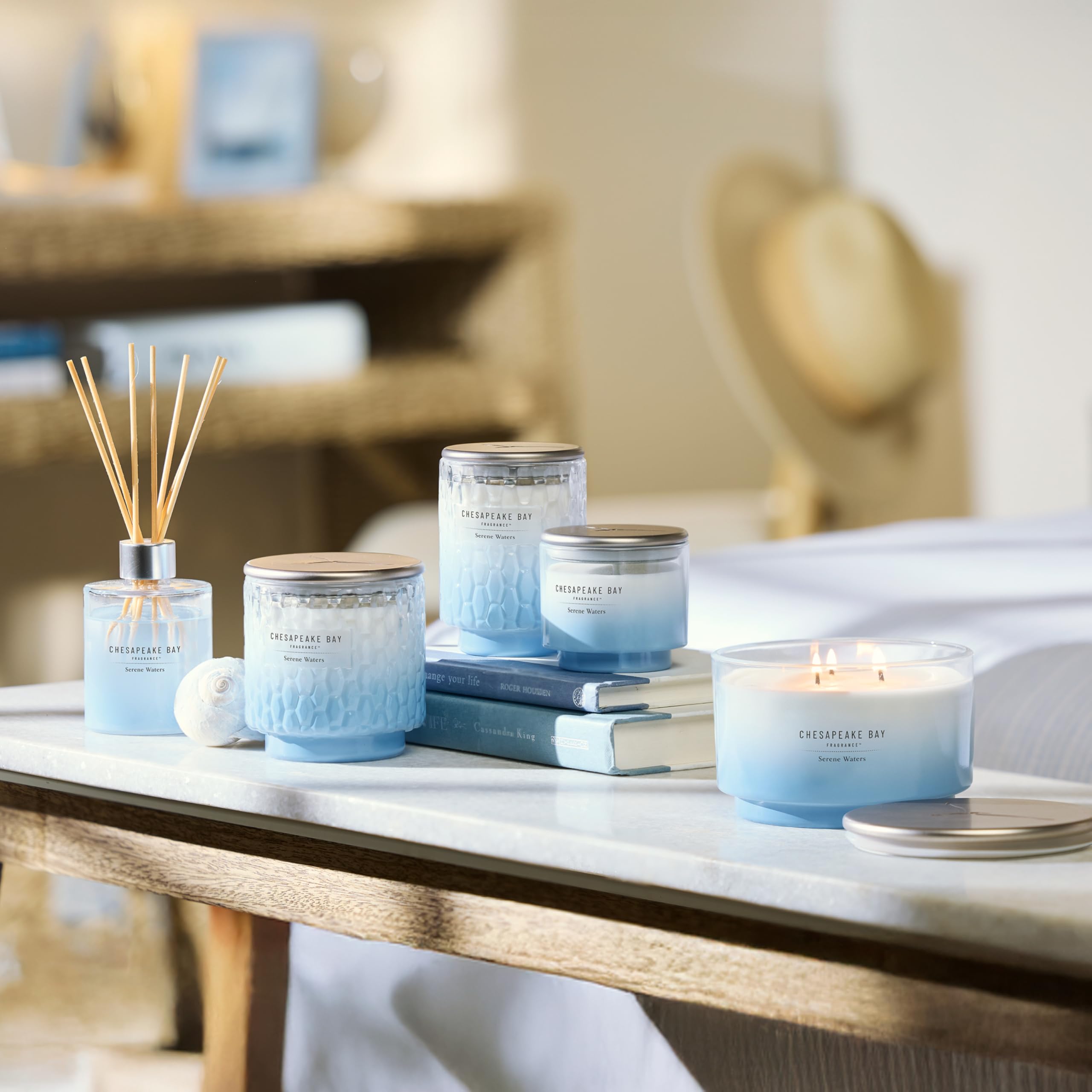 Chesapeake Bay, 11oz Serene Waters Scented Candle, Mood Evoking Fragrance, Textured Sea Glass-Inspired Jar, Premium Soy Blend Wax with Essential Oils, Coastal Fragrance for Home Décor or Gifting