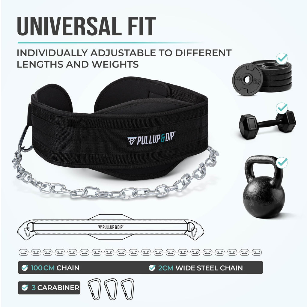 PULLUP & DIP Weightlifting Belt for and additional Strength and Muscle Building, Weight Belt with Steel Chain & 3x Carabiner, Dip Belt for Calisthenics, Weight Training, Training at Home and Bodybuilding