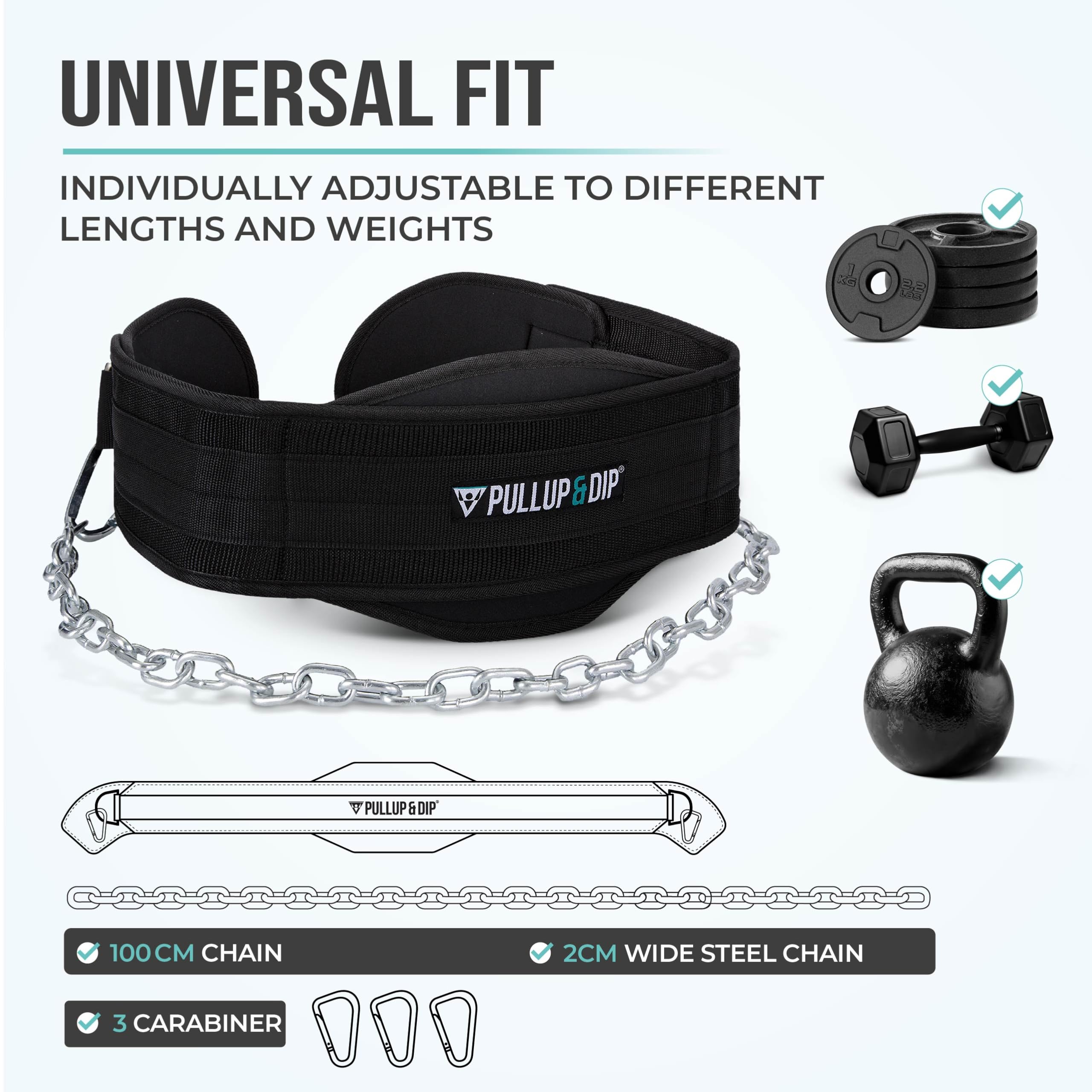 PULLUP & DIP Weightlifting Belt for and additional Strength and Muscle Building, Weight Belt with Steel Chain & 3x Carabiner, Dip Belt for Calisthenics, Weight Training, Training at Home and Bodybuilding