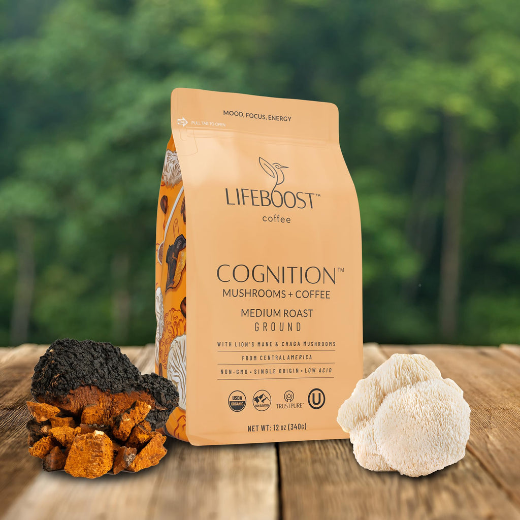 Lifeboost Cognition Focus Coffee for Calm Energy - Lion’s Mane Mushroom Coffee with Chaga - Organic Medium Roast Nootropic Coffee - Low Acid Adaptogenic Coffee - 12 oz Ground