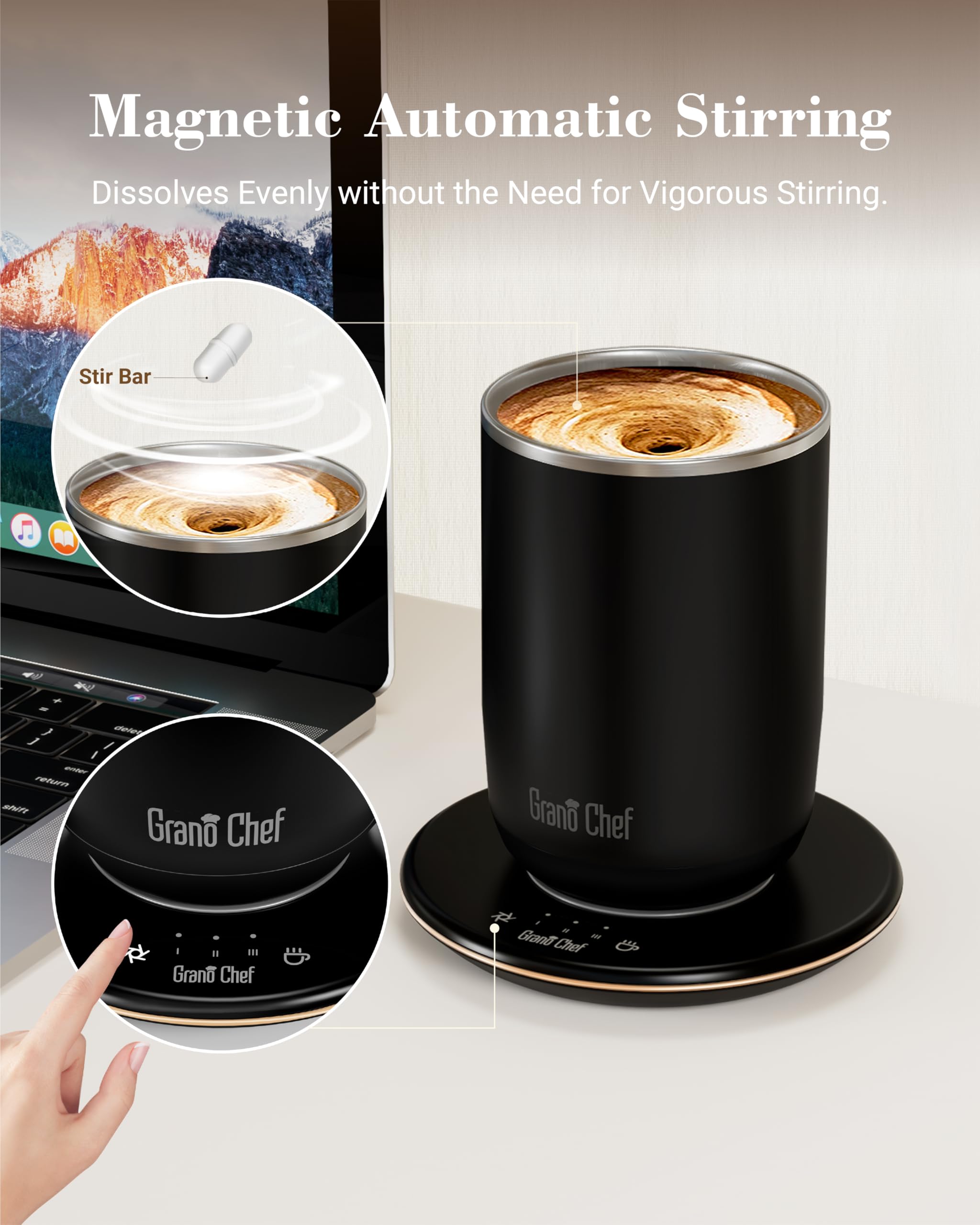 Self-Heating Coffee Mug, Coffee Mug with Self Stirring&Fast Heating, 10oz Temperature Controlled Coffee Cup Warmer, Heated for Tea/Coffee at Office/Kitchen/Travel, with Reusable Coffee Dripper, Black