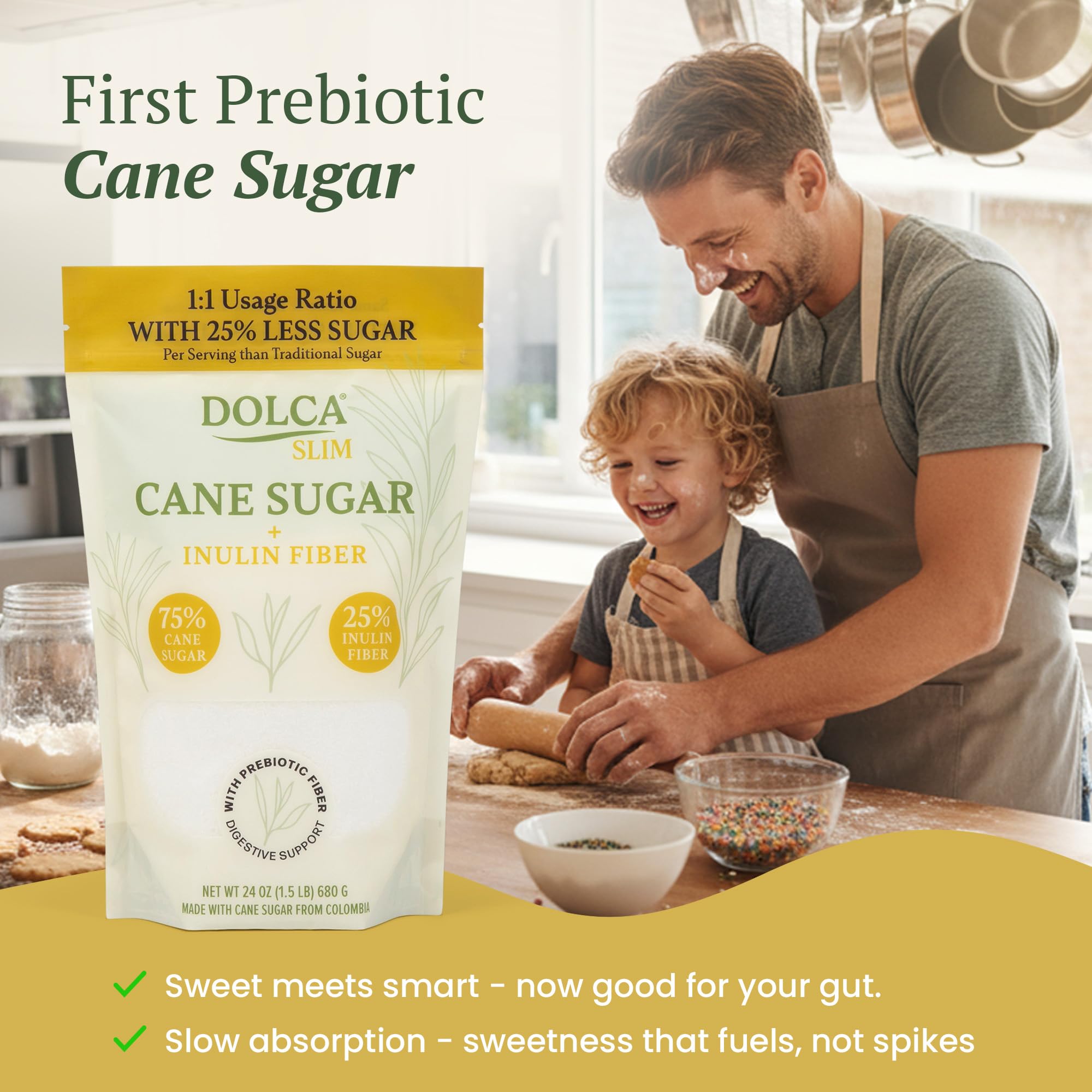 Dolca Slim – Prebiotic Cane Sugar with Inulin (Chicory Root) Fiber – 25% Fiber & Fewer Calories Per Serving – Same Taste & Texture – 1:1 Sugar Replacement for Coffee, Tea & Baking – Bakes & Browns Like Real Sugar – No Artificial Sweeteners or Sugar Alcoho