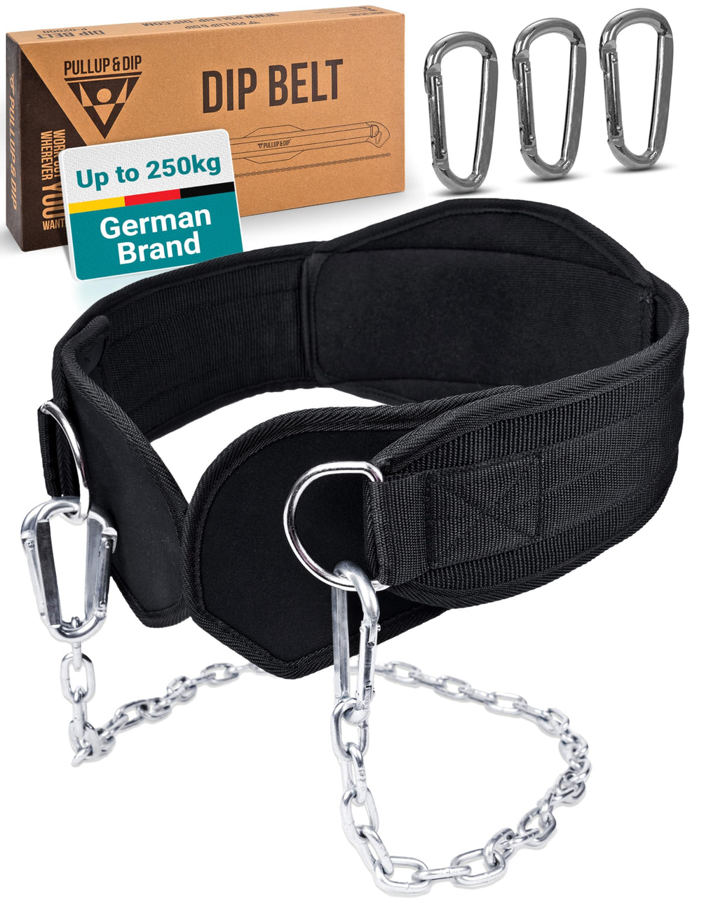 PULLUP & DIP Weightlifting Belt for and additional Strength and Muscle Building, Weight Belt with Steel Chain & 3x Carabiner, Dip Belt for Calisthenics, Weight Training, Training at Home and Bodybuilding