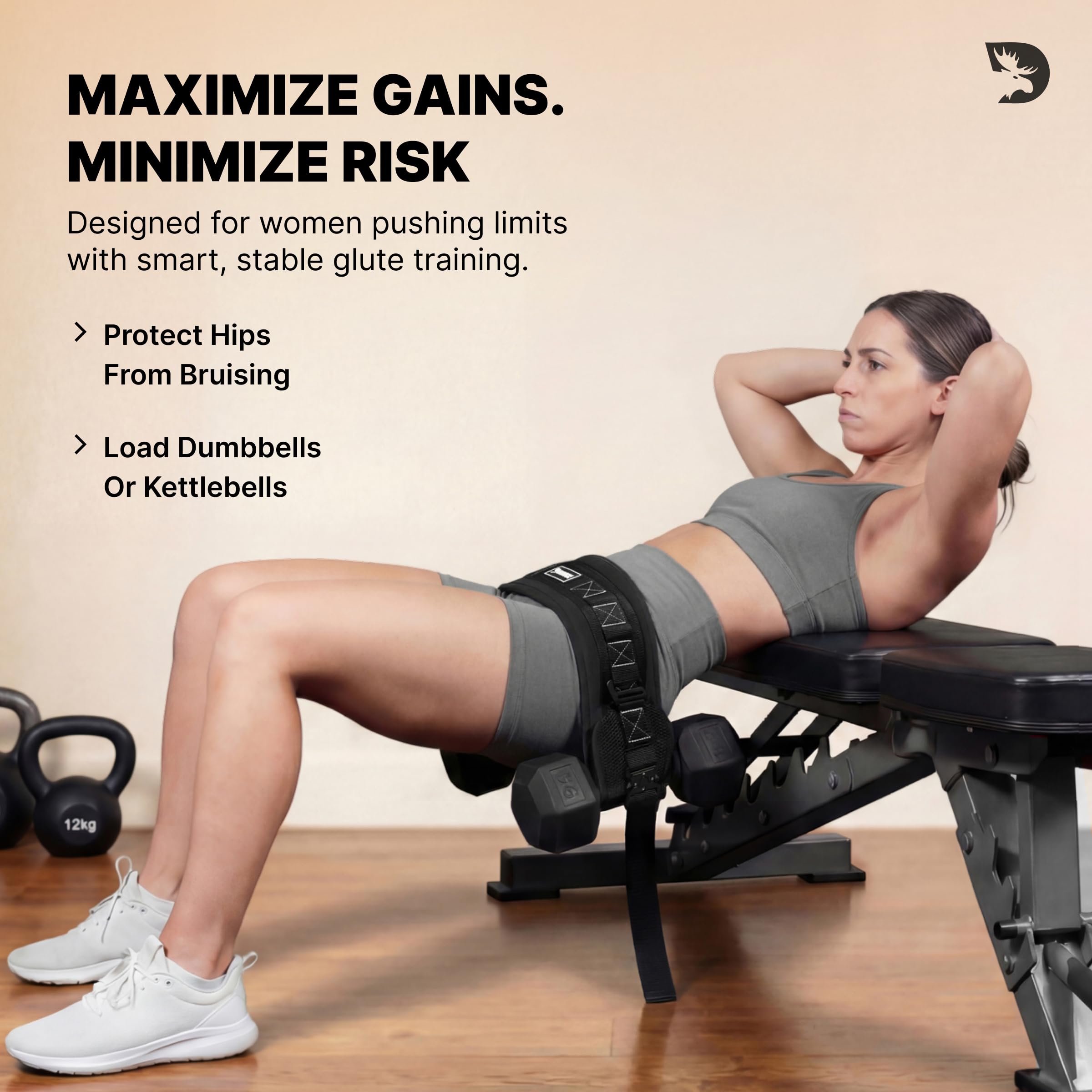 DMoose Fitness Hip Thrust Belt - Dual-Strap Glute Builder for Dumbbells, Plates, Kettlebells (Supports up to 700 lbs) - Comfortable Padded Booty Belt for Home & Gym (Black)