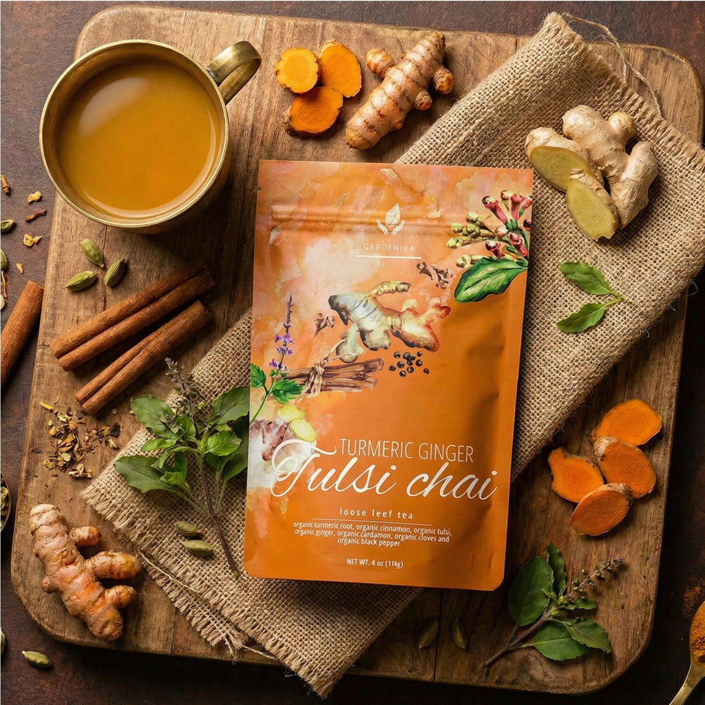Organic Turmeric Ginger Tulsi Chai Tea | Loose Leaf | Ayurvedic Superfood Blend | Herbal and Caffeine-Free | 55+ Cups | KSA Kosher | 4 oz