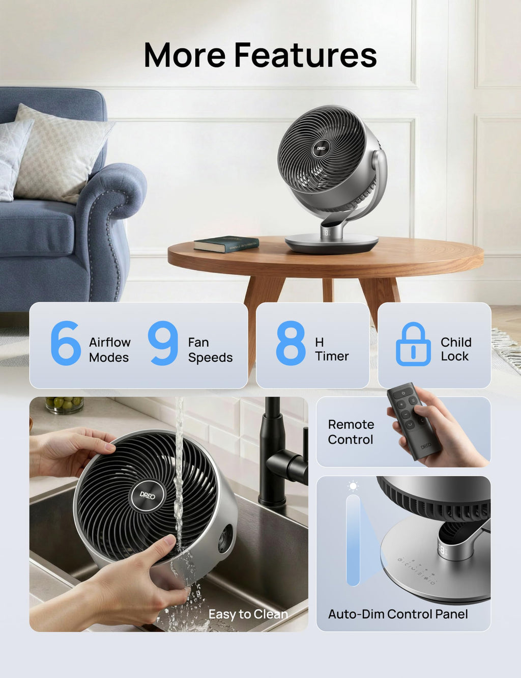 Dreo 16 Inch 25dB Quiet Smart Fans for Bedroom, DC Room Fan with Remote, 120°+120° Oscillating Fan, 6 Modes, 9 Speeds, 12H Timer,Works Alexa/Google/WiFi/Voice Control, Silver, Oversize (DR-HAF004S)