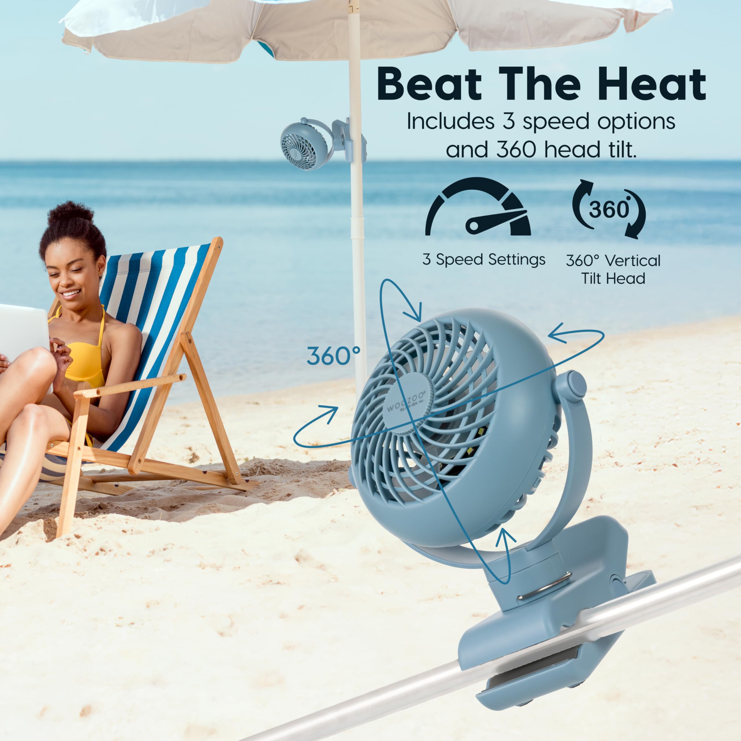 IRIS USA WOOZOO 3.5" Cordless Portable Clip On Fan, USB-C Rechargeable Fan, LED Light, Mosquito Repellent Tray, 360° Tilt, 3 Speeds,Bedside Kitchen Camping Golfing Outdoor Use, Blue