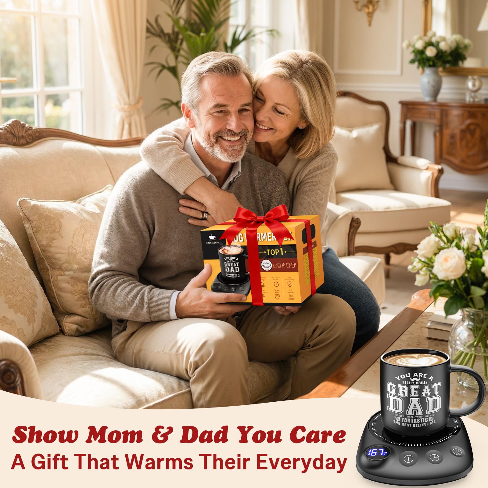 Coffee Mug Warmer Set with Smart Timer & Adjustable Temperature – Perfect Gift for Dad, Seniors, & Coffee Lovers – Auto Shutoff & Perfect Set for All Mugs