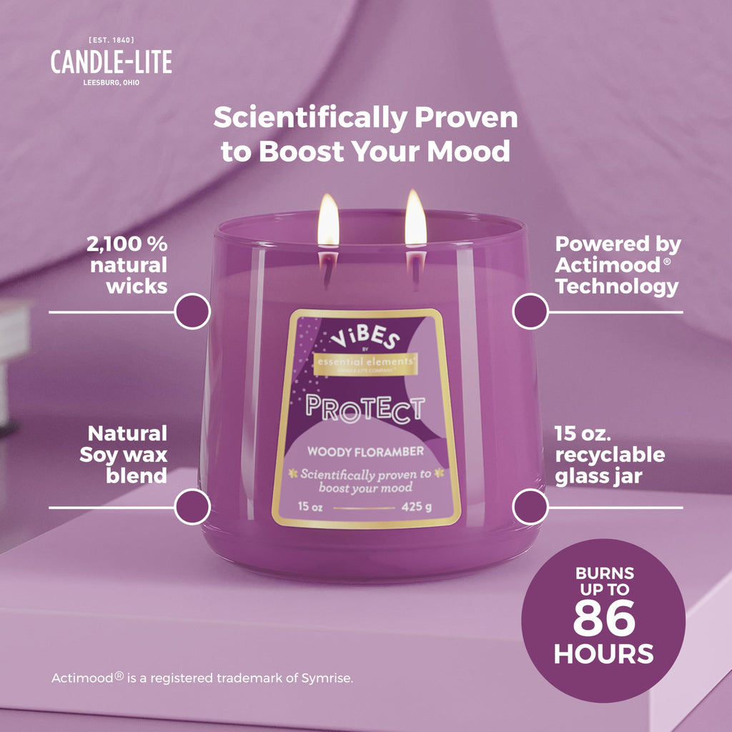 Candle-Lite Vibes Woody Floramber Mood-Enhancing Scented Candles, 15 oz Jar, Aromatherapy, Proudly Poured in The USA, 2-Wick, 86 Hours Burn Time, Perfect Relaxation Gift