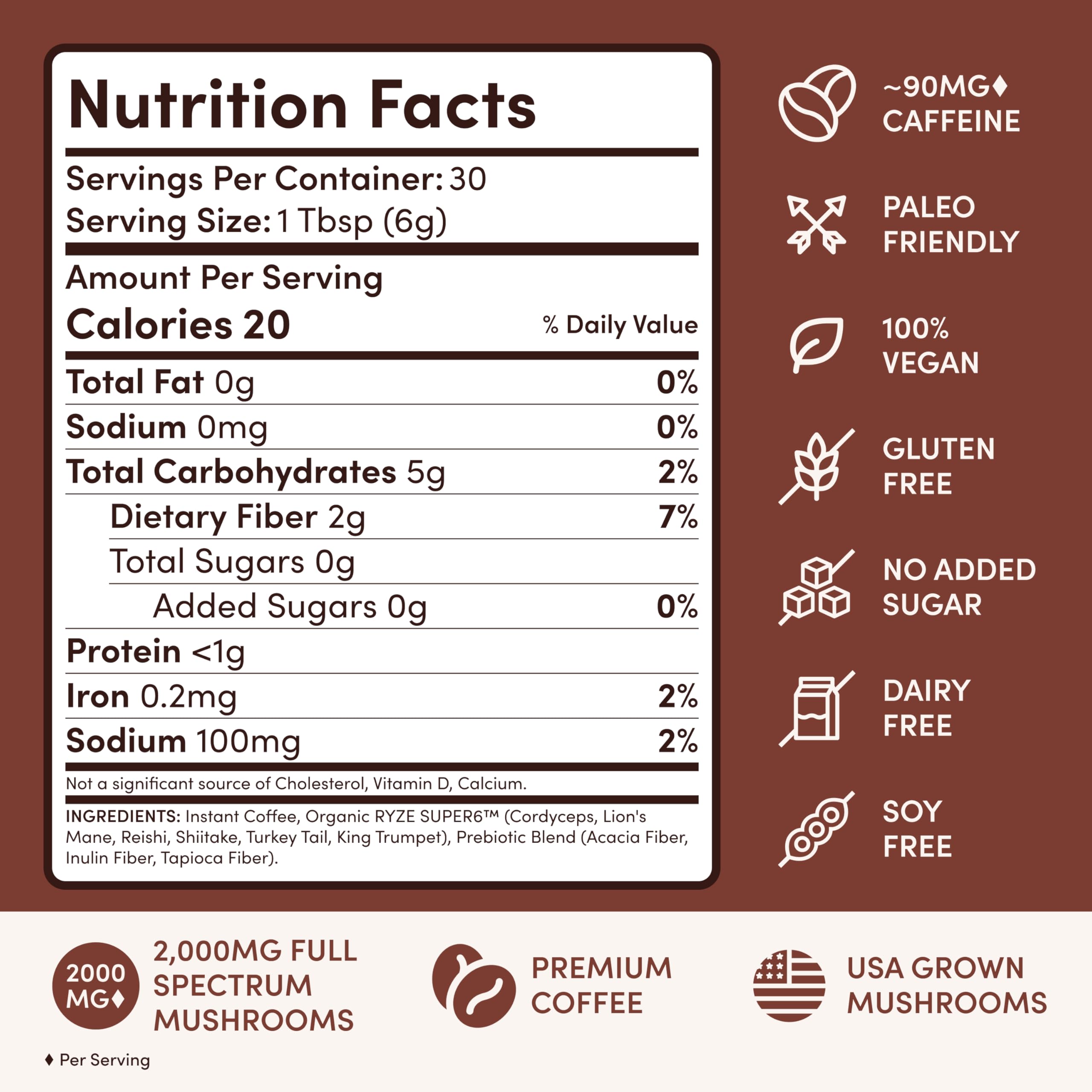 RYZE SUPERFOODS Mushroom Coffee Dark Roast, 6 Adaptogenic Mushrooms & Prebiotic Blend, Instant Coffee Supports Energy, Focus, Digestion & Immunity, Lions Mane & Turkey Tail, 30 Servings