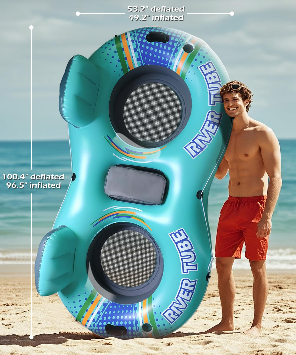 Jasonwell Heavy Duty 2 Person Inflatable River/Pool Tube Float with Removable Cooler, Tubes for Lake, Floating River Raft Lounge Floatie with 2 cup Holders For Adults, Cyan