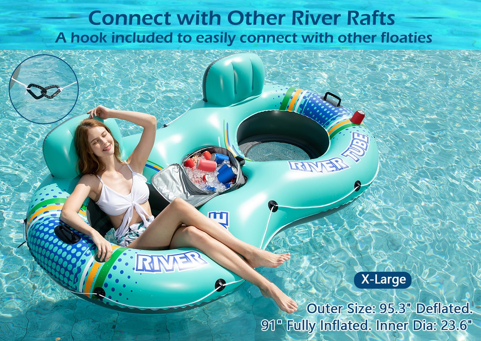 Jasonwell Heavy Duty 2 Person Inflatable River/Pool Tube Float with Removable Cooler, Tubes for Lake, Floating River Raft Lounge Floatie with 2 cup Holders For Adults, Cyan