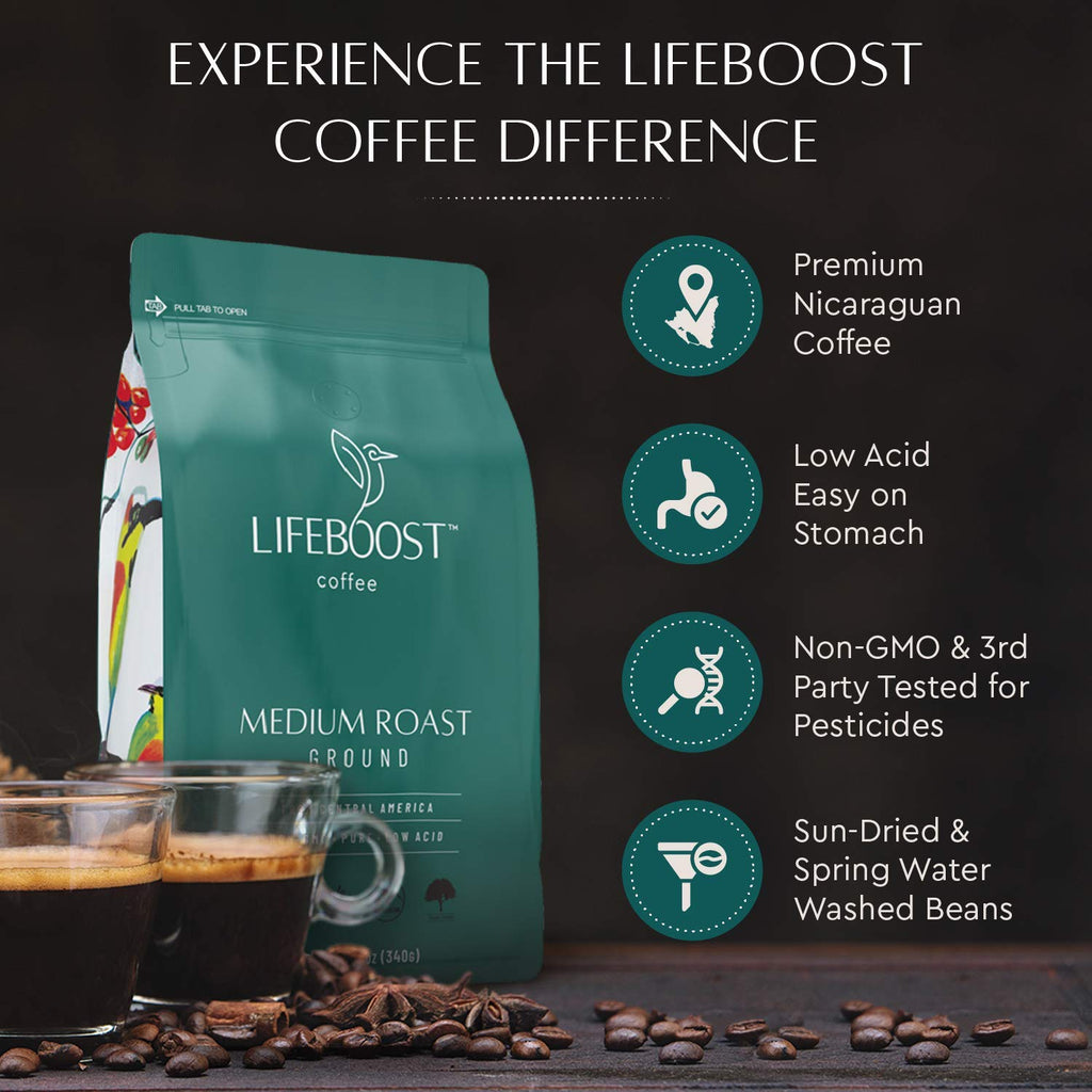 Coffee Ground Medium Roast Coffee - Low Acid Single Origin USDA Organic Coffee - Non-Gmo Ground Coffee Third Party Tested for Mycotoxins & Pesticides - 12 Ounces